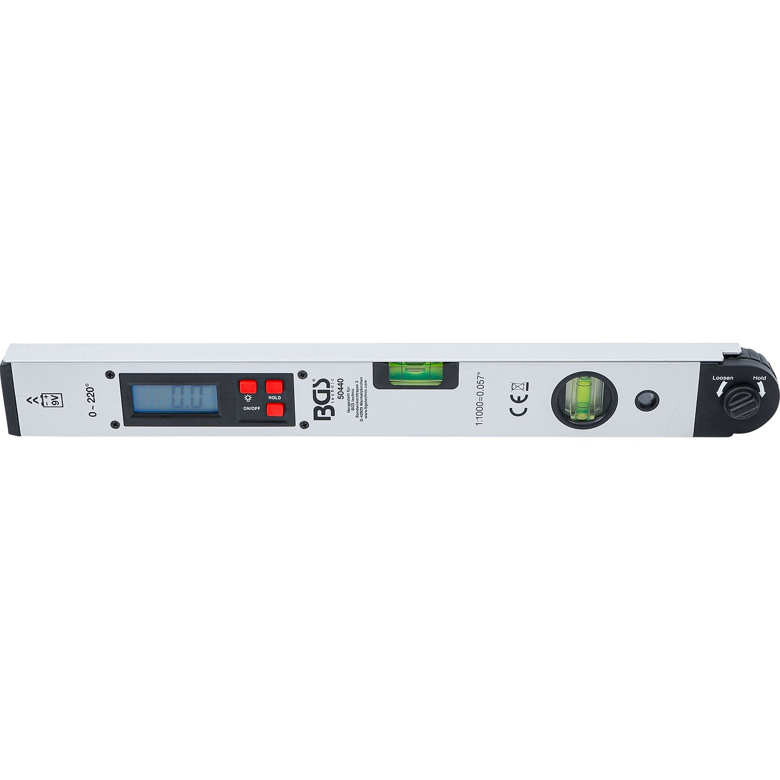 Ein silberner Digital-Winkelmesser mit LCD-Display, zwei Libellen und Bedientasten.