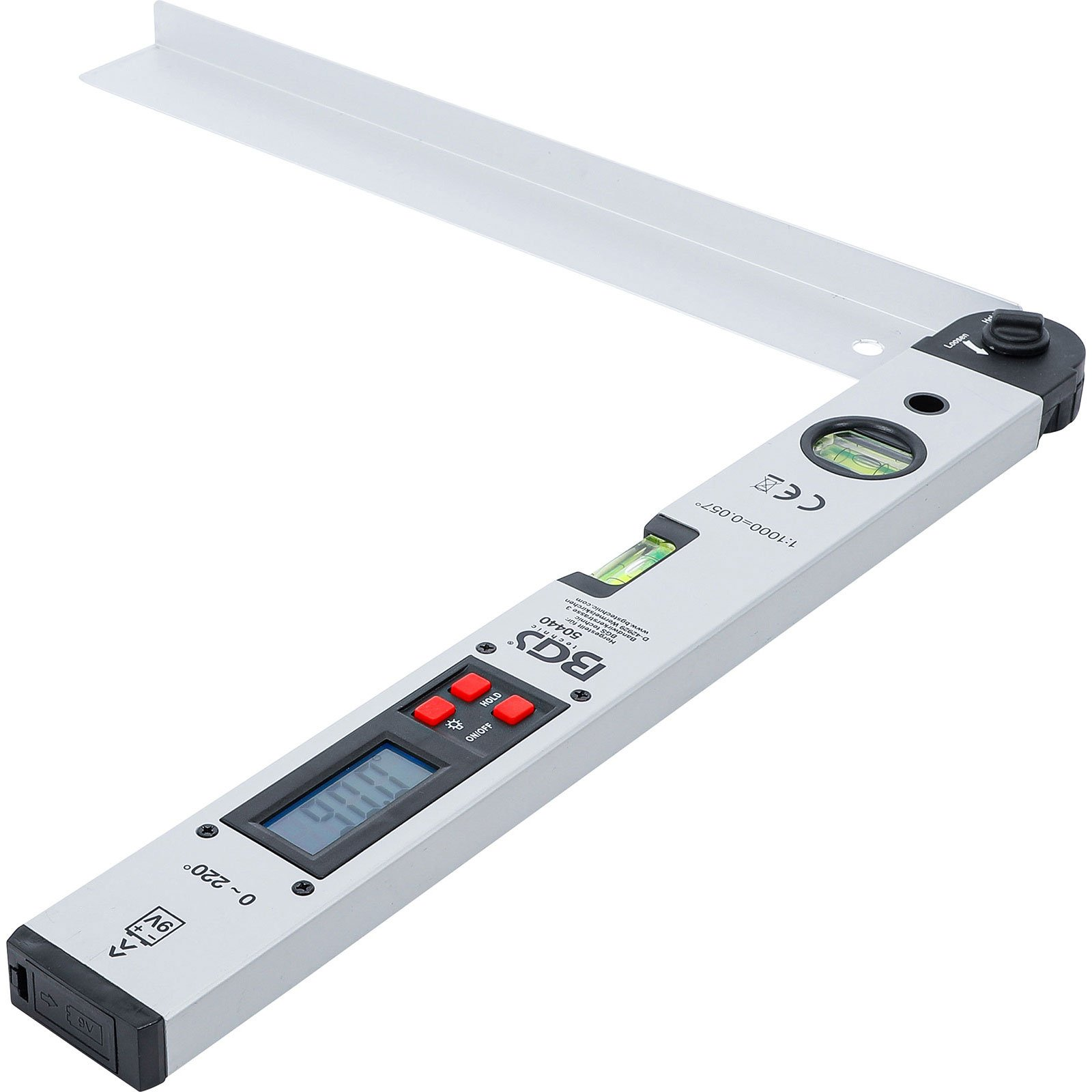Digitaler Winkelmesser mit LCD-Anzeige, zwei Wasserwaagen und roten Tasten.
