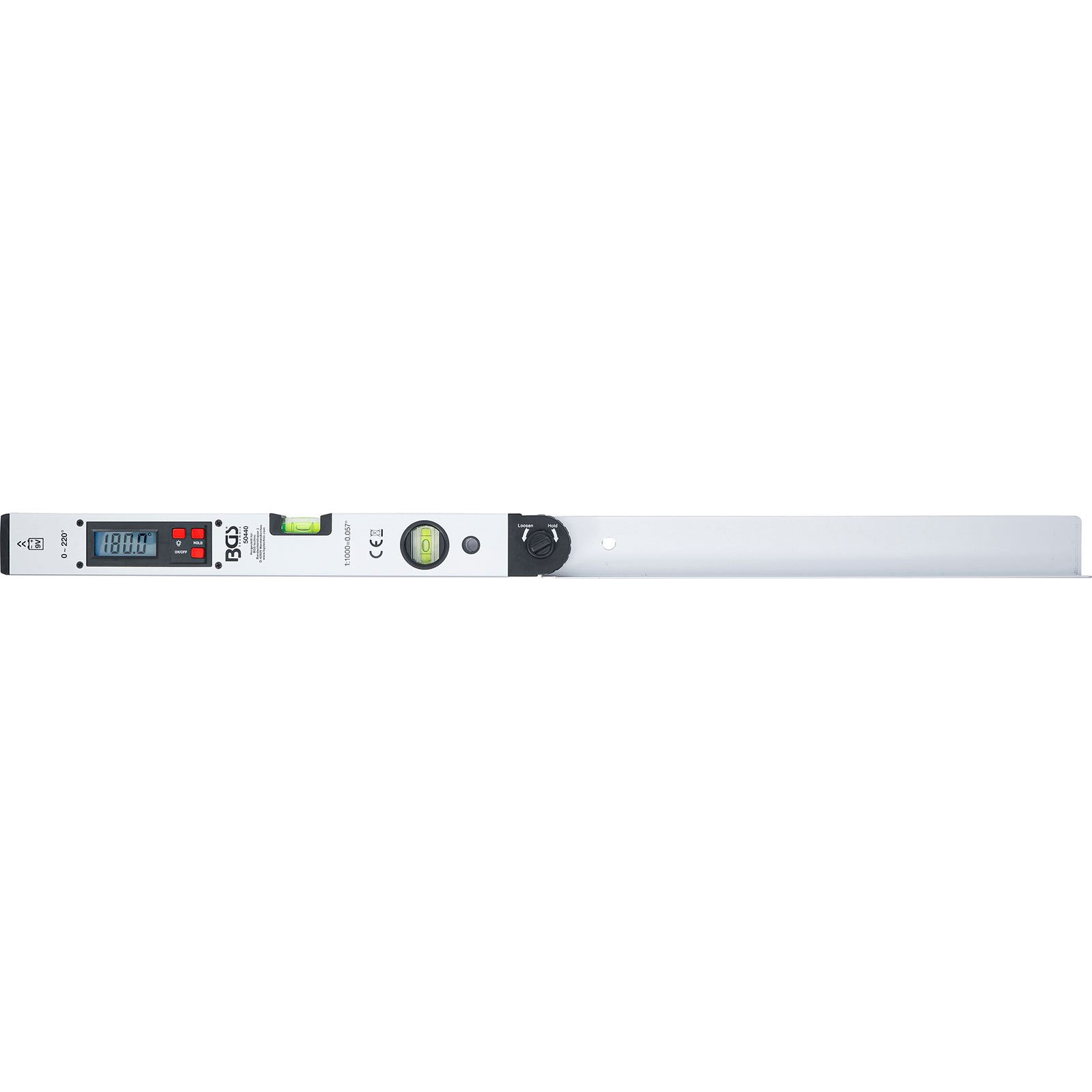 Ein digitaler Winkelmesser mit LCD-Anzeige, Wasserwaage und Verriegelungsknopf.