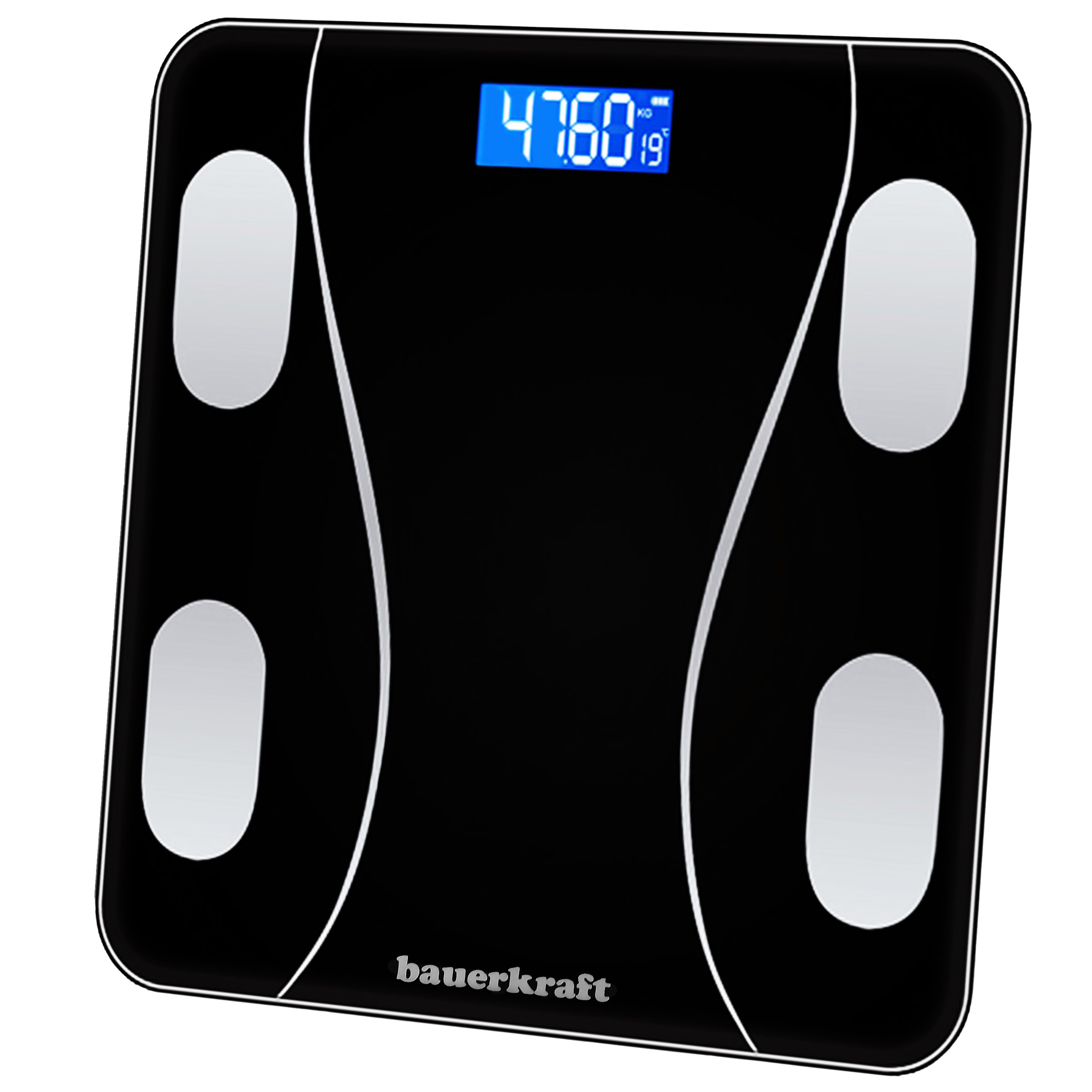 Czarna waga cyfrowa z niebieskim wyświetlaczem pokazującym 47,60 kg i 19°C.