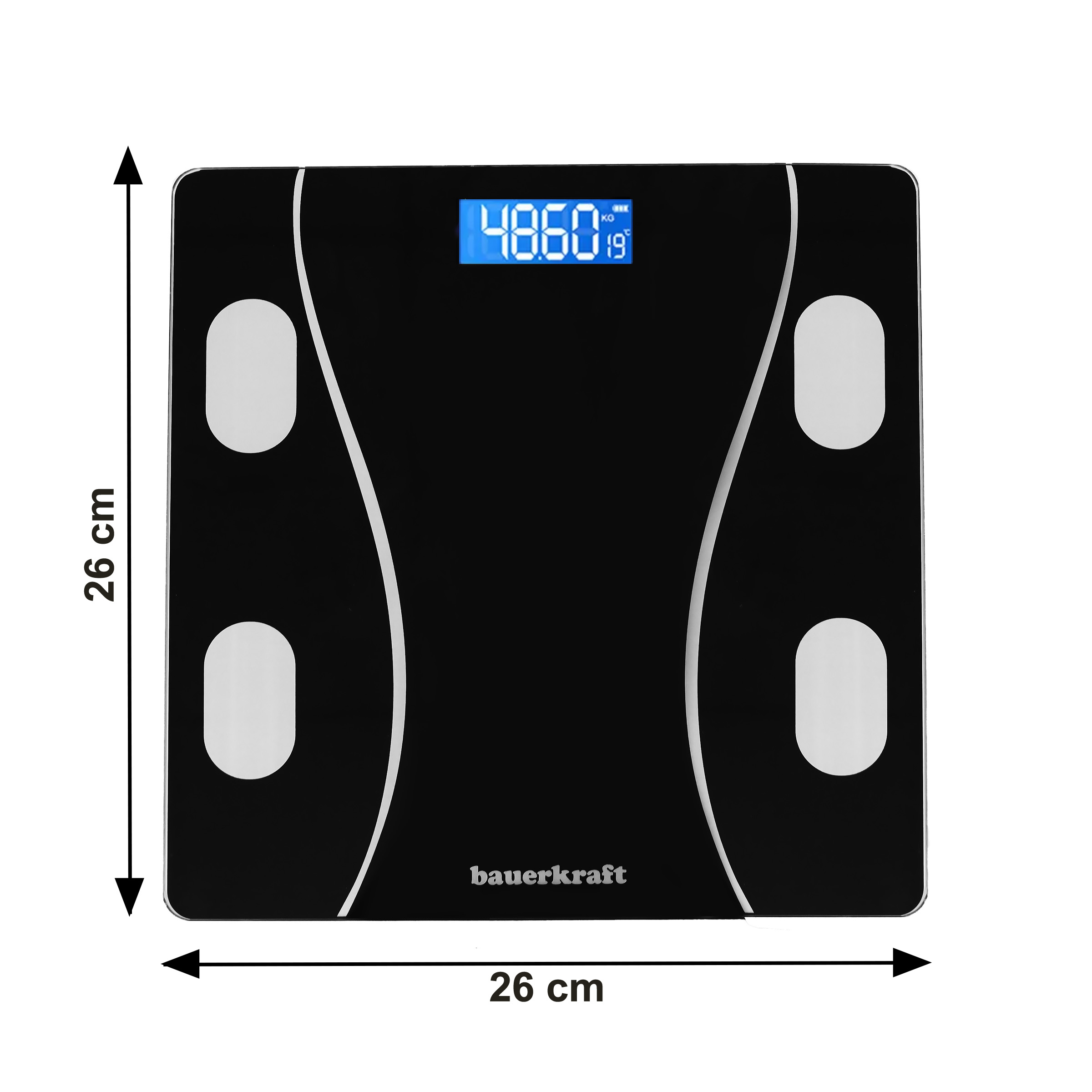 Czarna waga cyfrowa pokazuje 48,60 kg. Wymiary 26x26 cm.