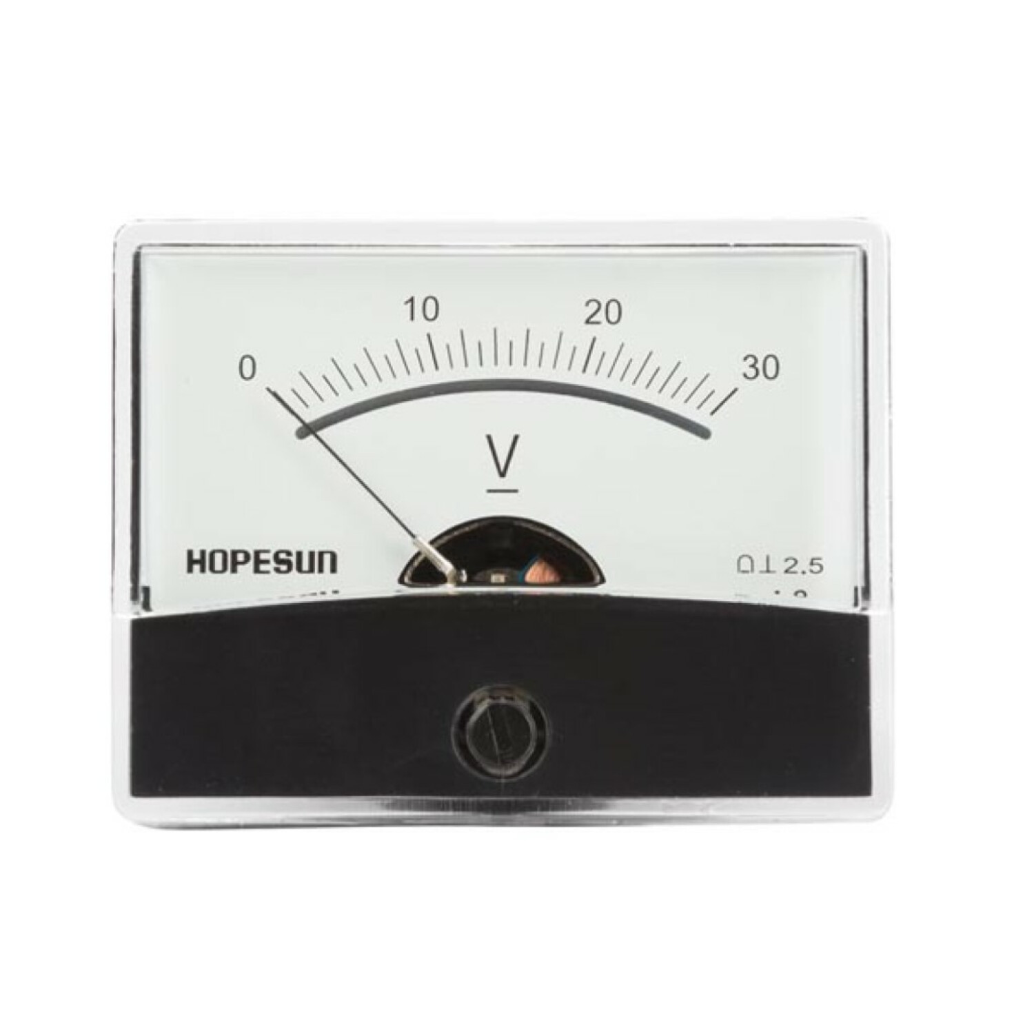 Ein Voltmeter mit schwarzer Skala, Nadel zeigt auf ca. 2. Beschriftung HOPESUN.