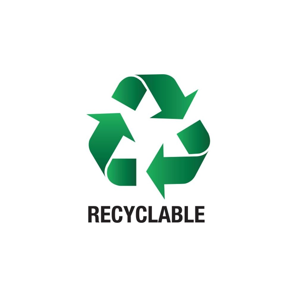 Grünes Recycling-Symbol mit dem Wort 'RECYCLABLE' darunter.