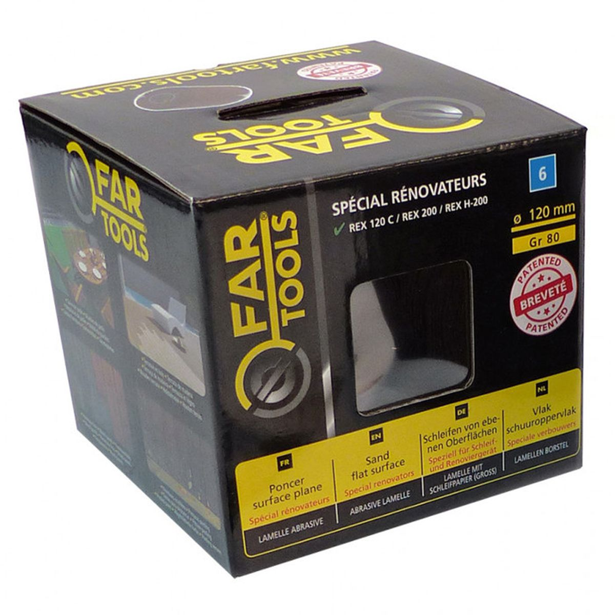 Schwarze Box mit "FAR TOOLS" Logo, für Schleifscheiben.