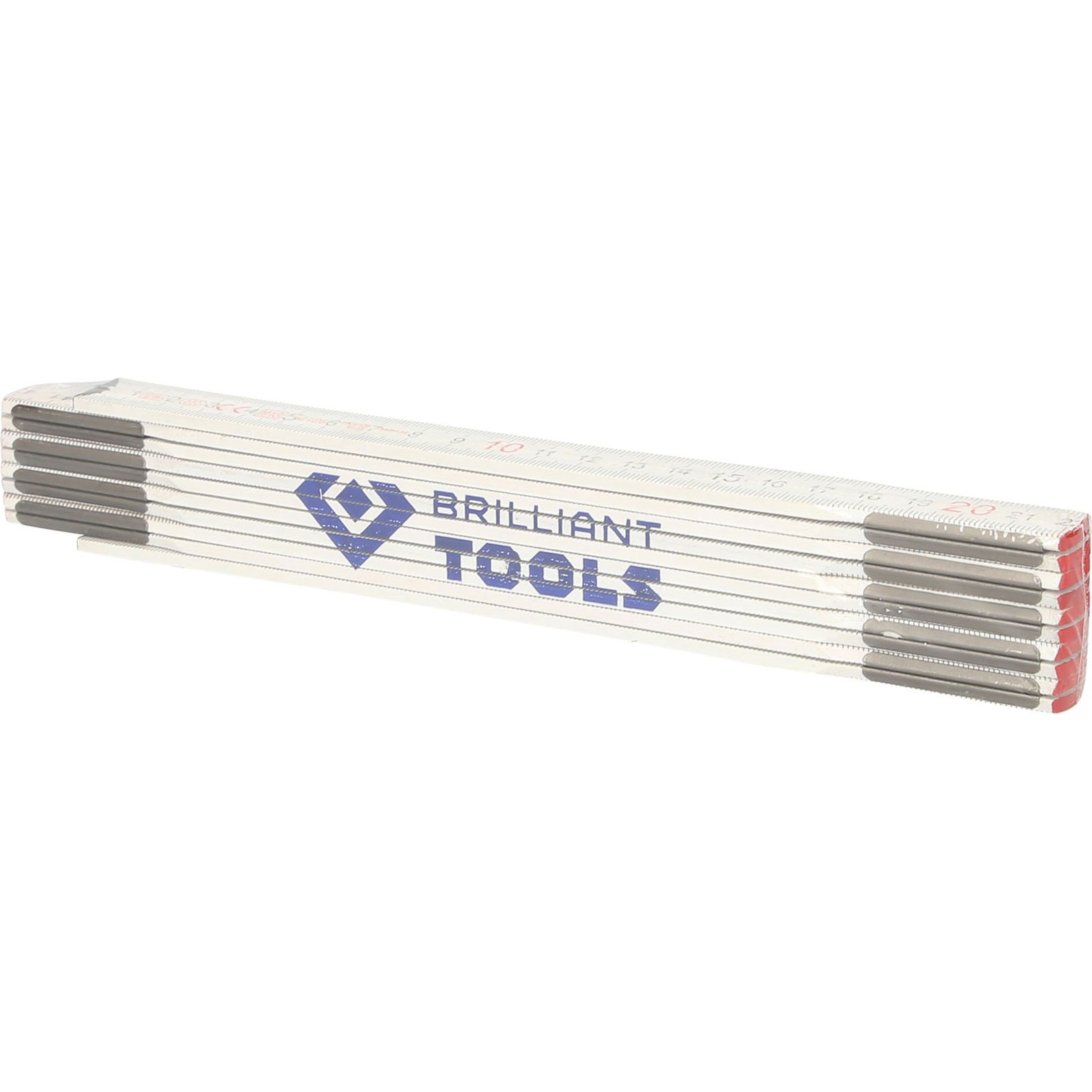 Ein weißer Klappmaßstab mit blauen Markierungen und dem Schriftzug BRILLIANT TOOLS.