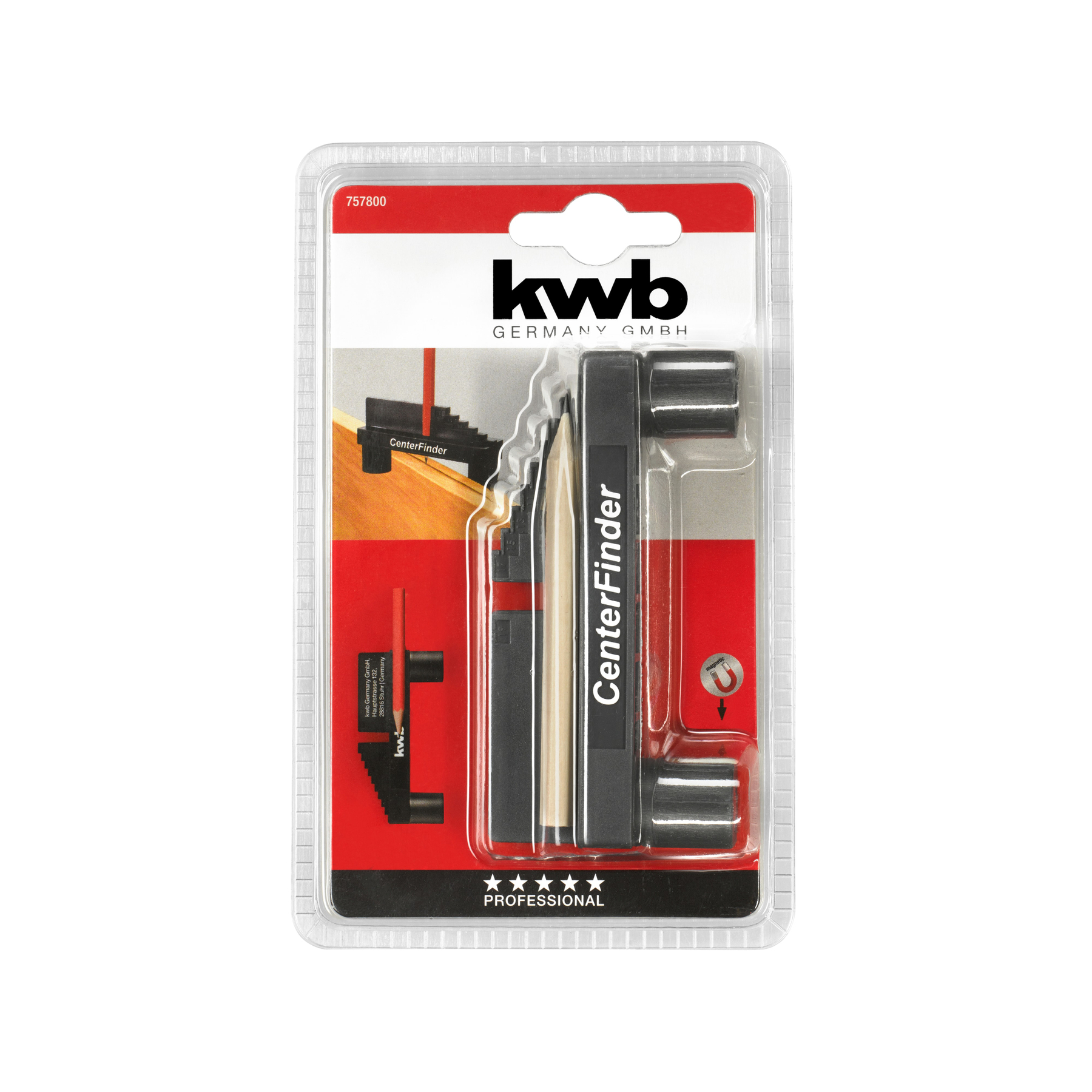 Verpackung eines KWB CenterFinder Werkzeugs mit Bleistift.