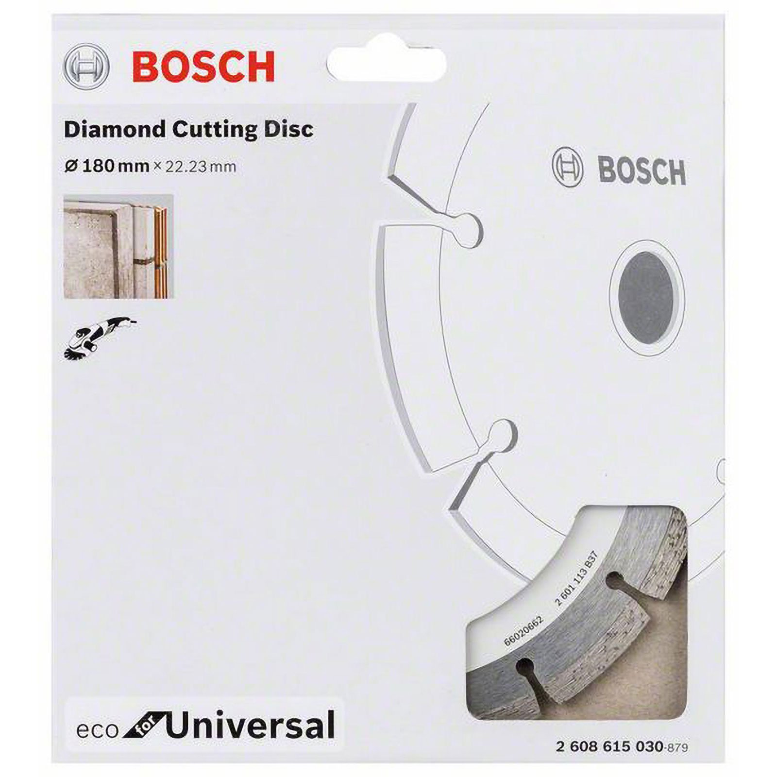 Bosch Diamanttrennscheiben-Verpackung zeigt Scheibendetails, Größe und Eco-for-Universal-Logo.