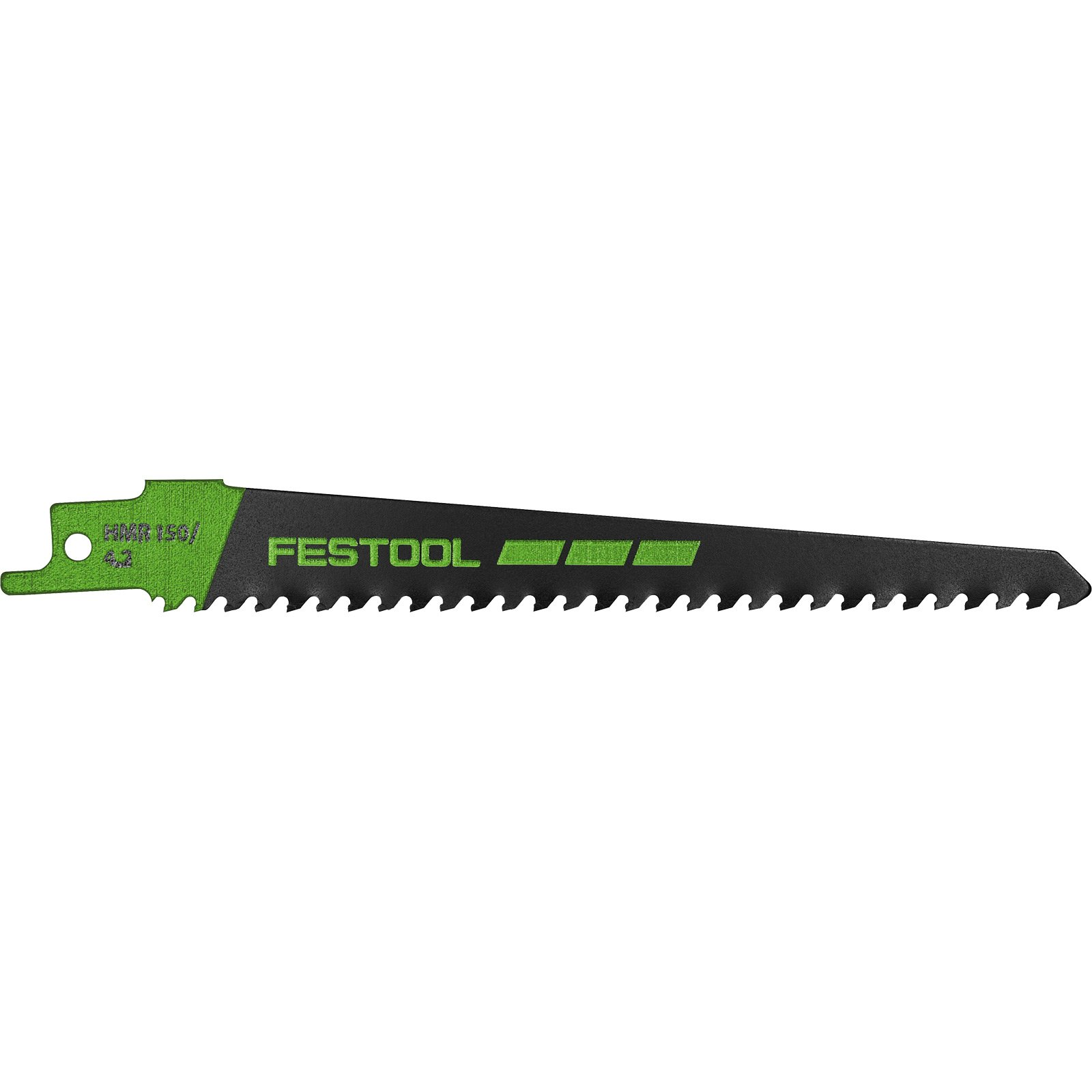 Una lama per sega Festool con denti neri e scritta verde su sfondo nero.