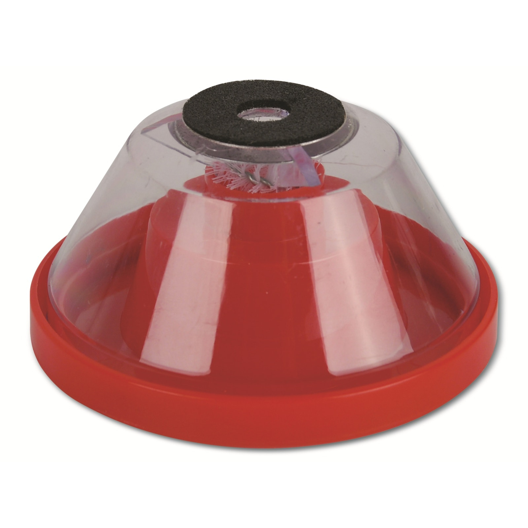Ein roter Behälter mit transparenter Abdeckung und schwarzem Ring oben.