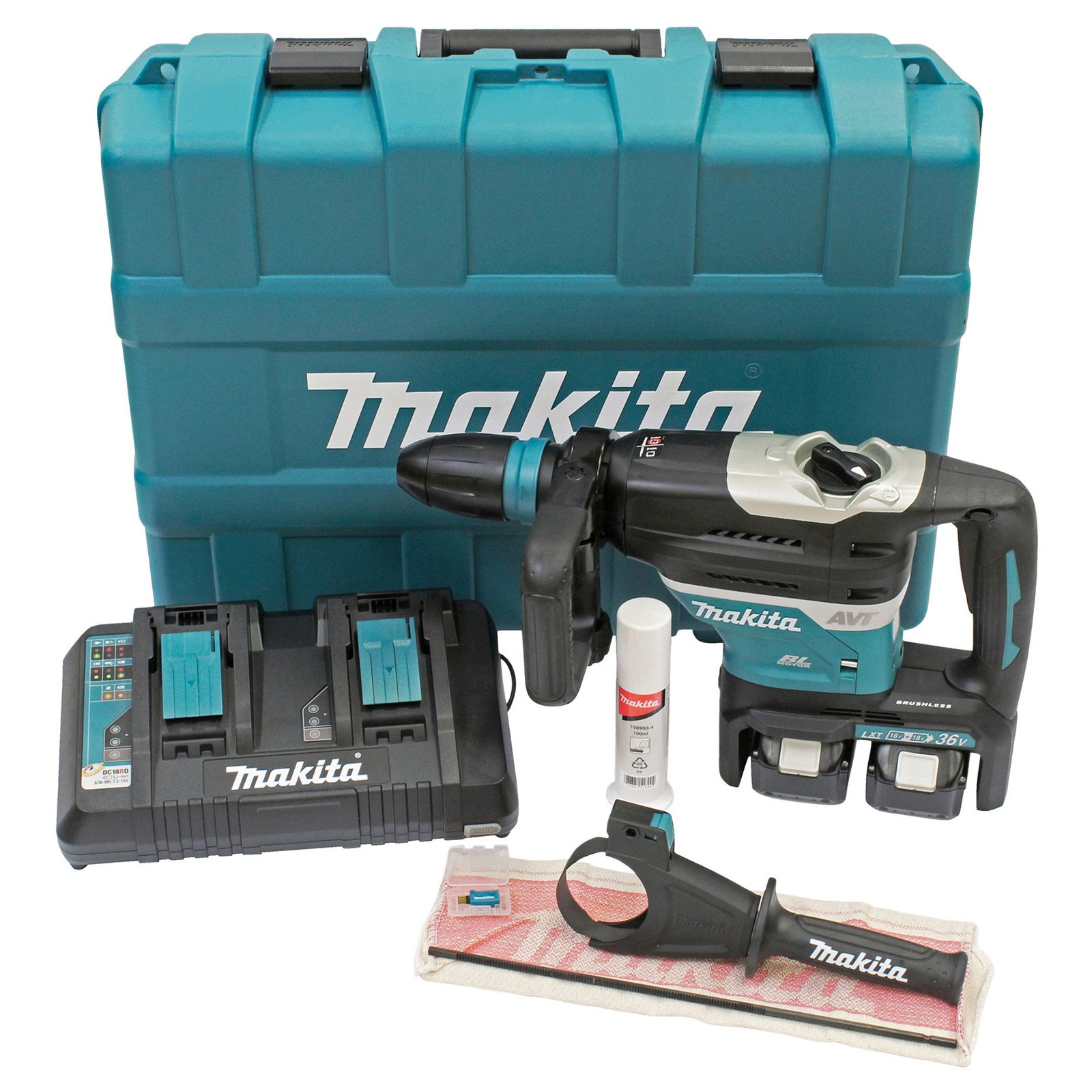 Makita Bohrhammer mit Koffer, Ladegerät, Akkus, Schmiermittel und Griff.