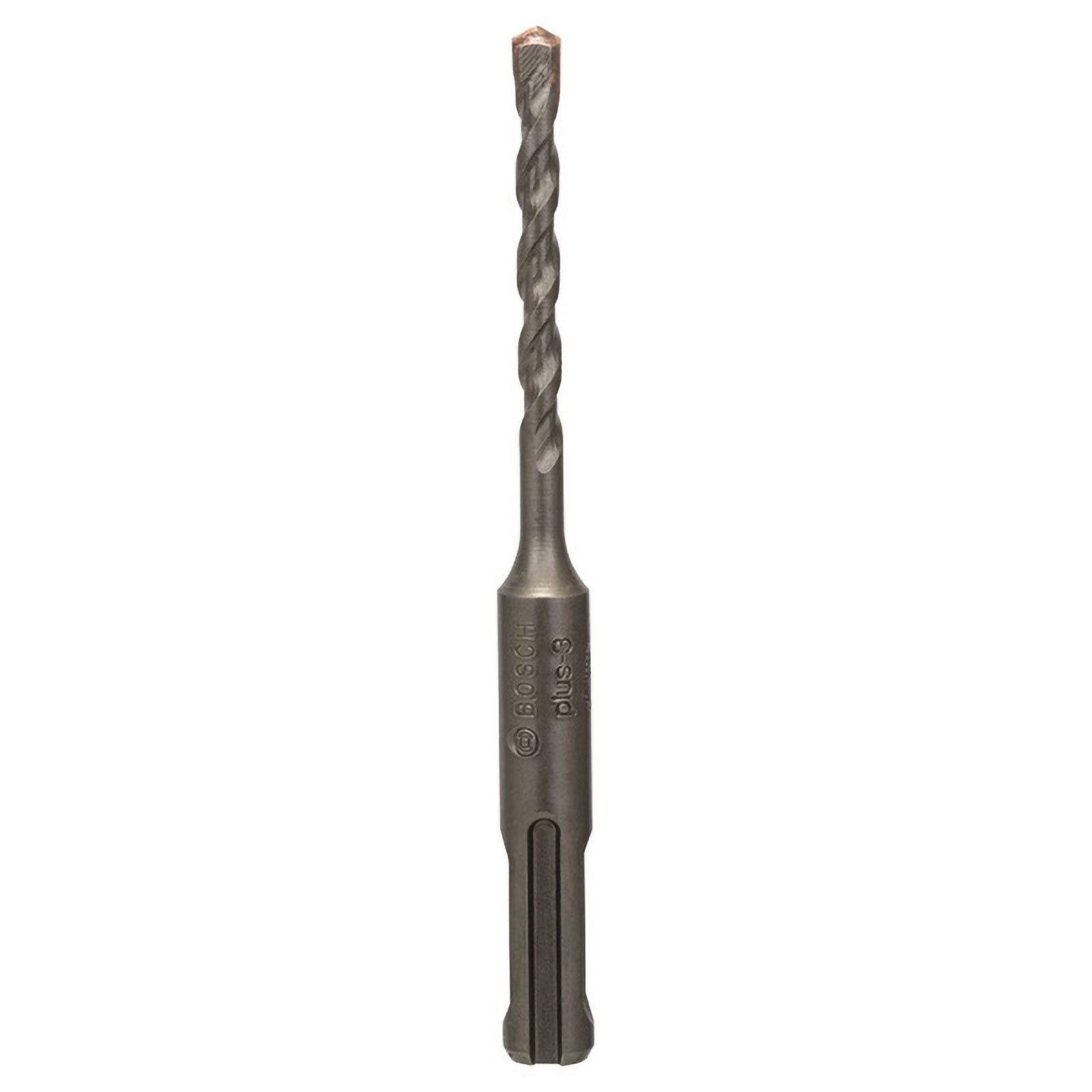 Punta da trapano a percussione Bosch grigia con iscrizione "plus-3", su sfondo bianco.
