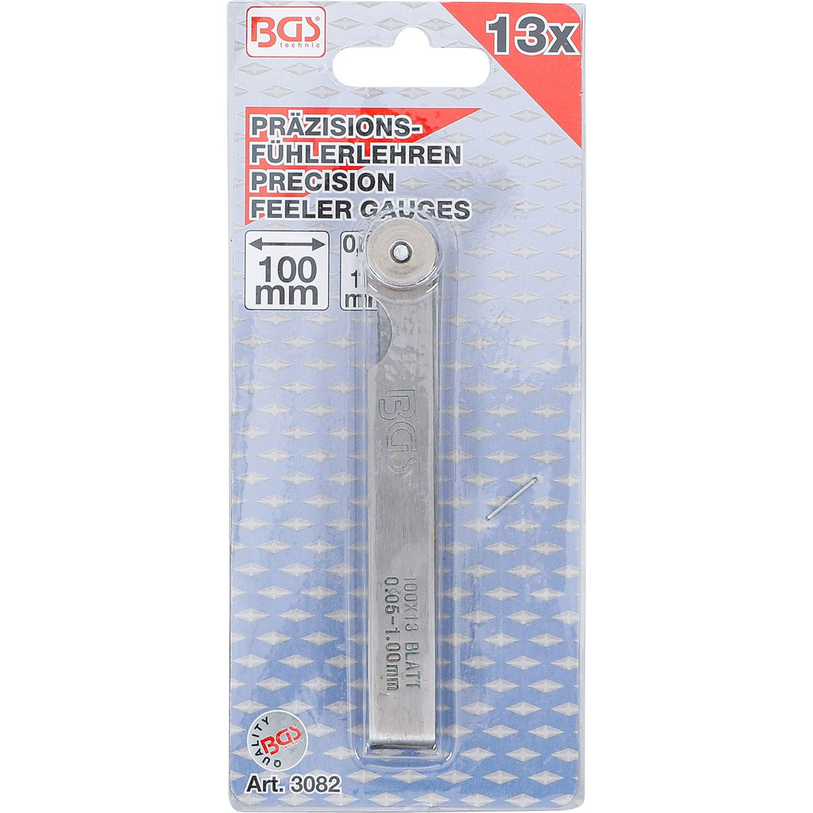 Verpackung mit 13 Präzisions-Fühlerblättern, 100mm lang, 0,05-1,00mm.