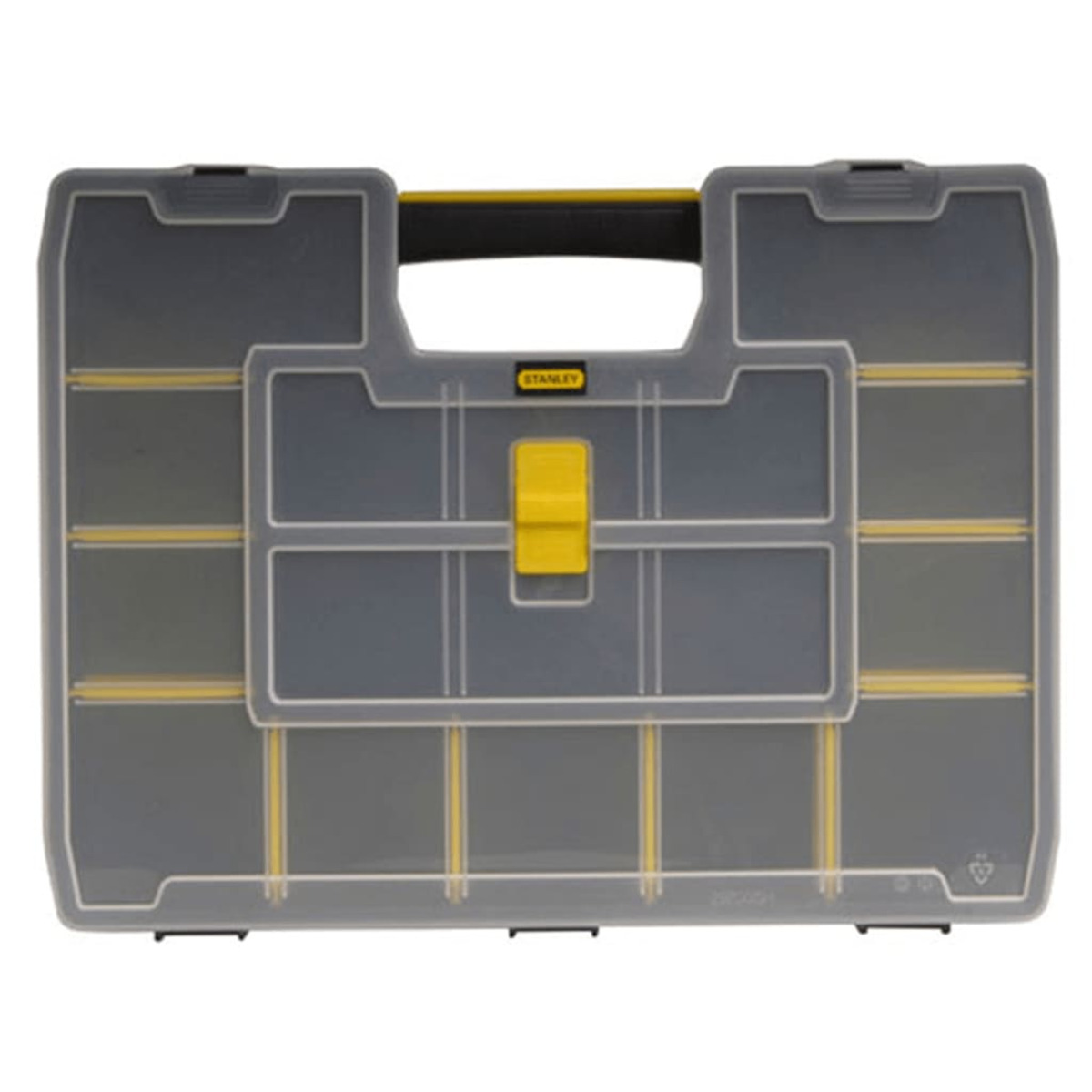 Una scatola organizer trasparente con accenti gialli e manico.