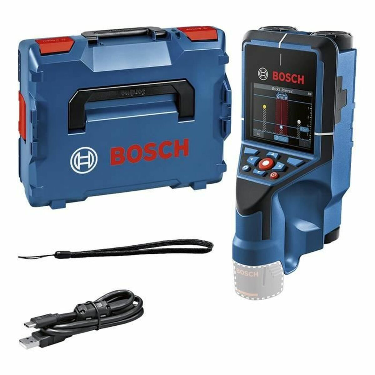 Bosch digitales Messgerät mit blauem Koffer, schwarzem Kabel und Handschlaufe.