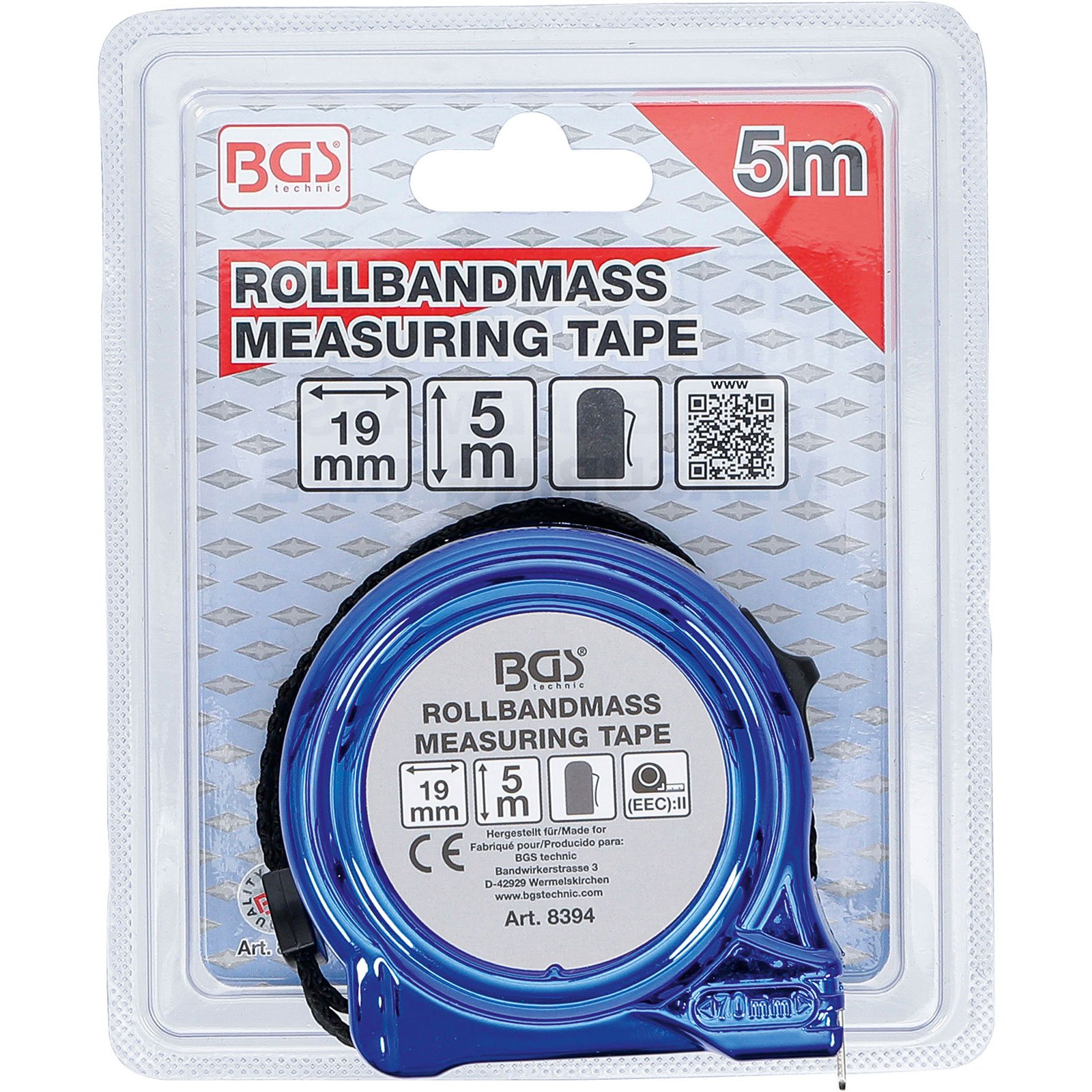 Blauer Rollmaßband in Verpackung, 5m lang, 19mm breit.