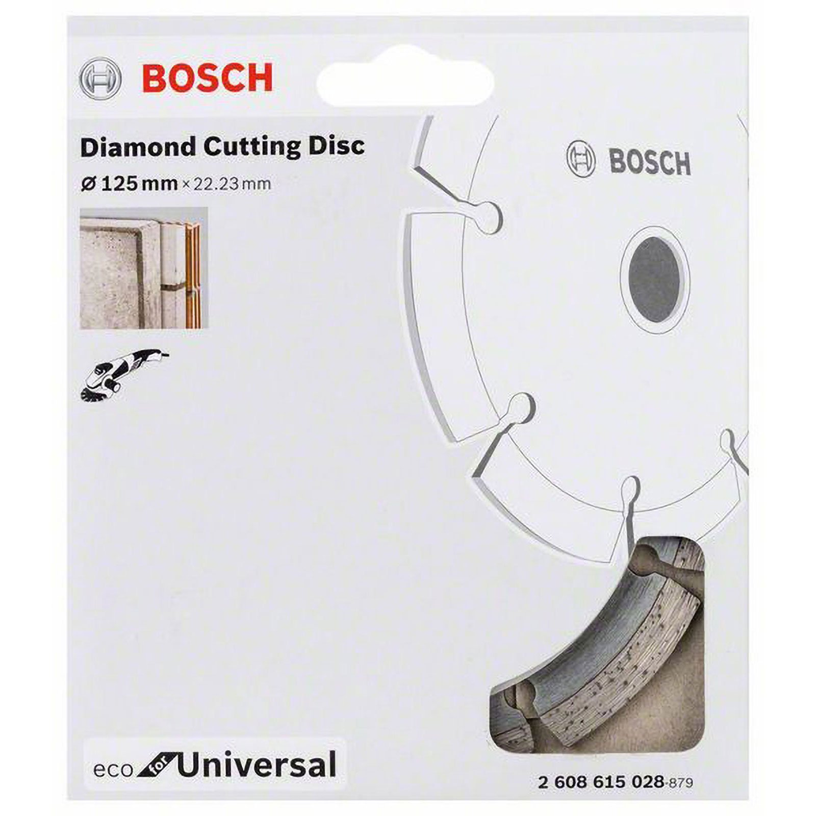 Bosch Diamanttrennscheibe 125mm, Verpackung mit Bild von Fliesen und Winkelschleifer.