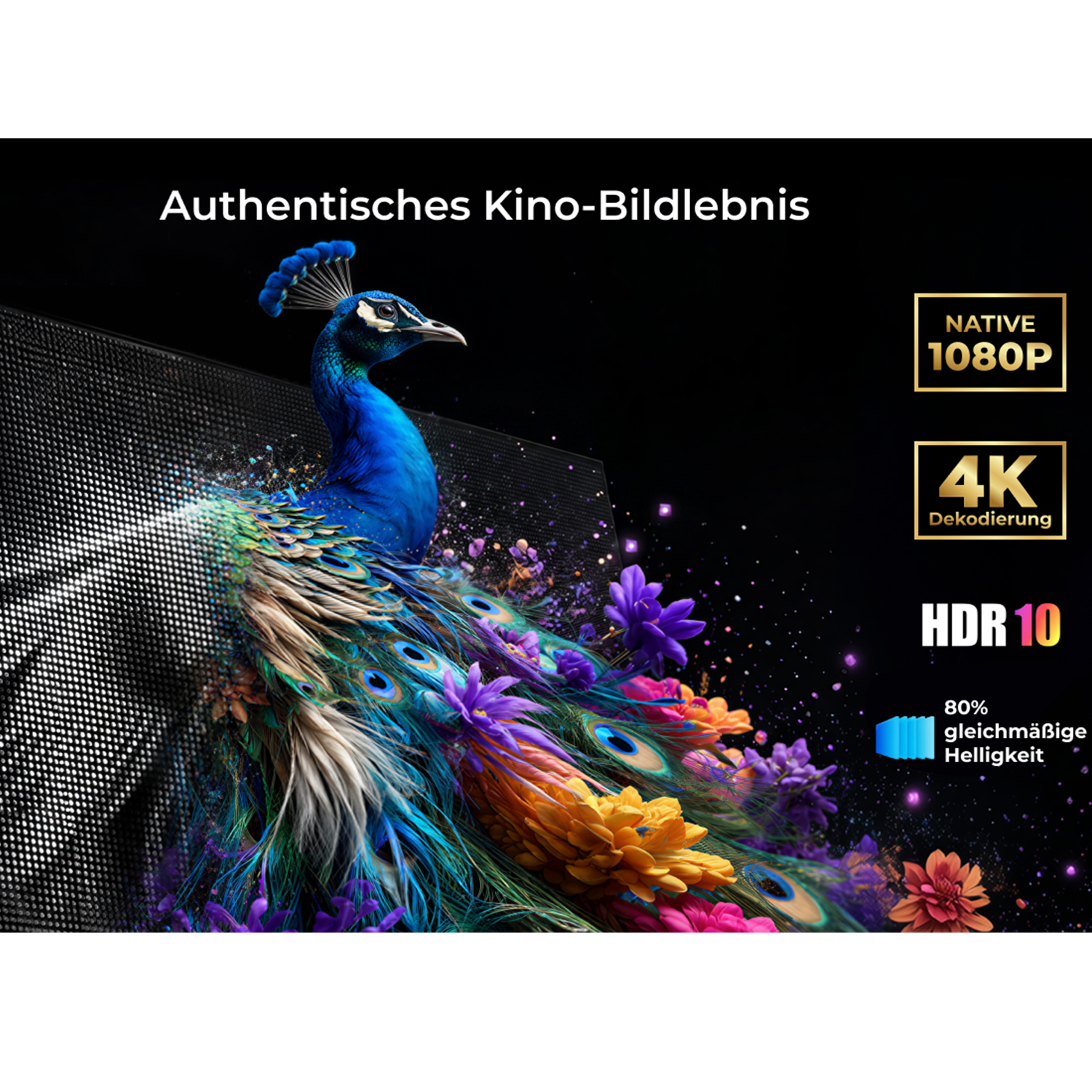 Ein Pfau mit leuchtenden Federn, umgeben von bunten Blumen und Sternen.
