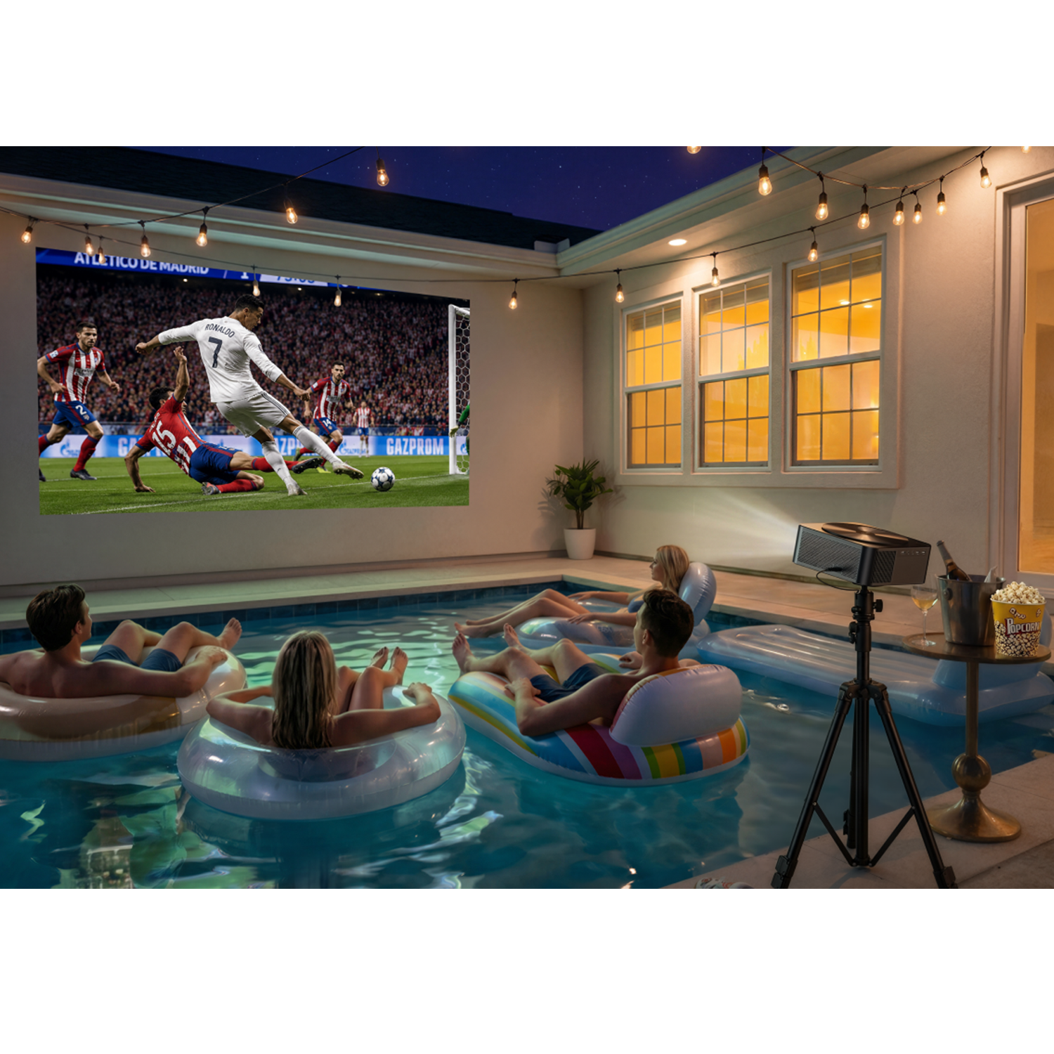 Menschen treiben auf aufblasbaren Ringen im Pool und sehen nachts ein Fußballspiel auf einer Leinwand.