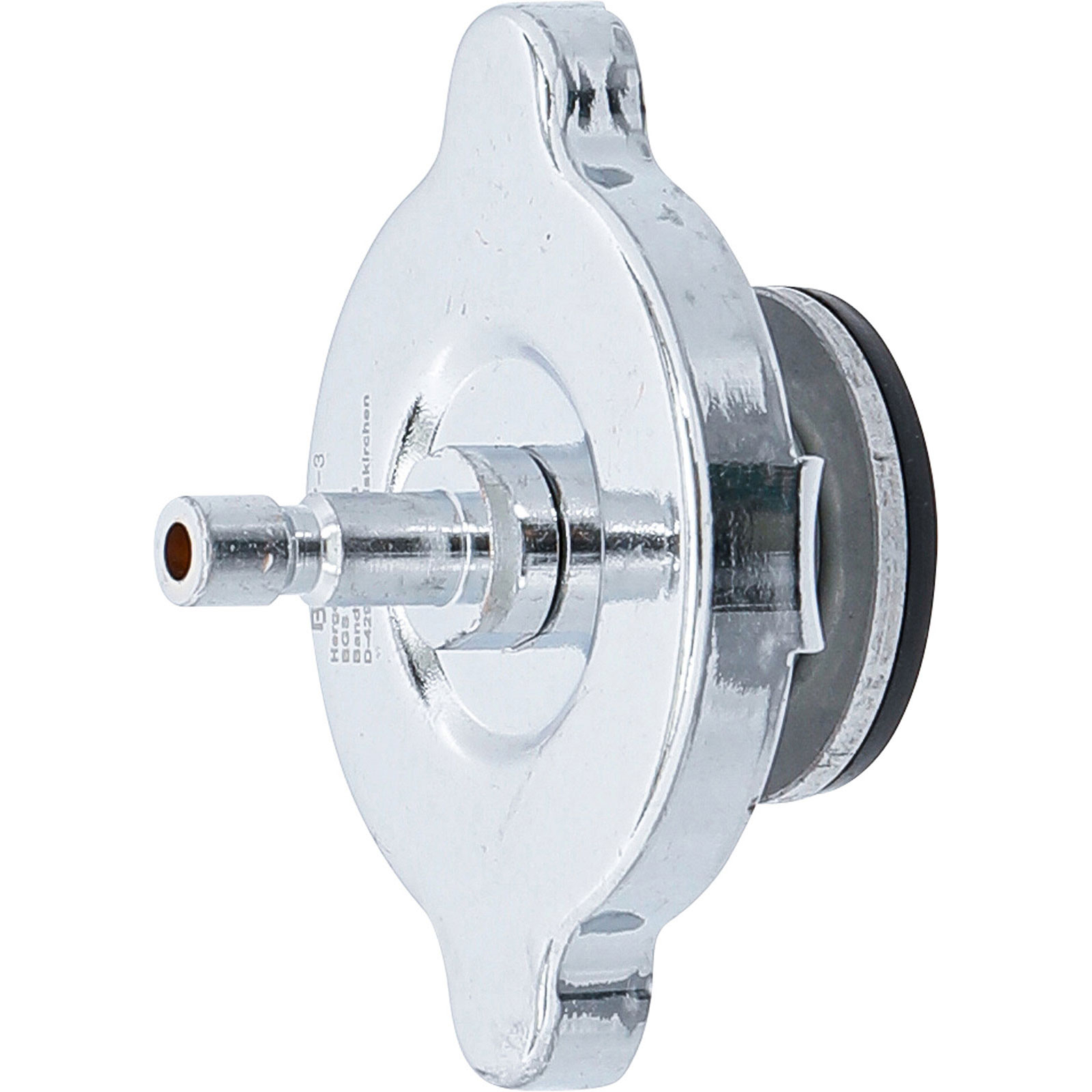 Glänzender Chrom-Kühlerdeckel mit Metallrohr und schwarzer Gummidichtung.
