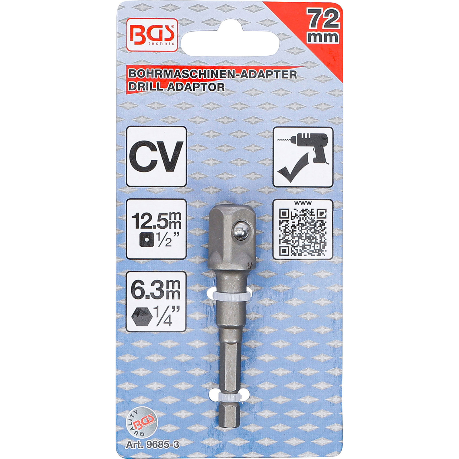 Adattatore trapano BGS technic, 72mm, con attacchi da 12,5mm e 6,3mm.