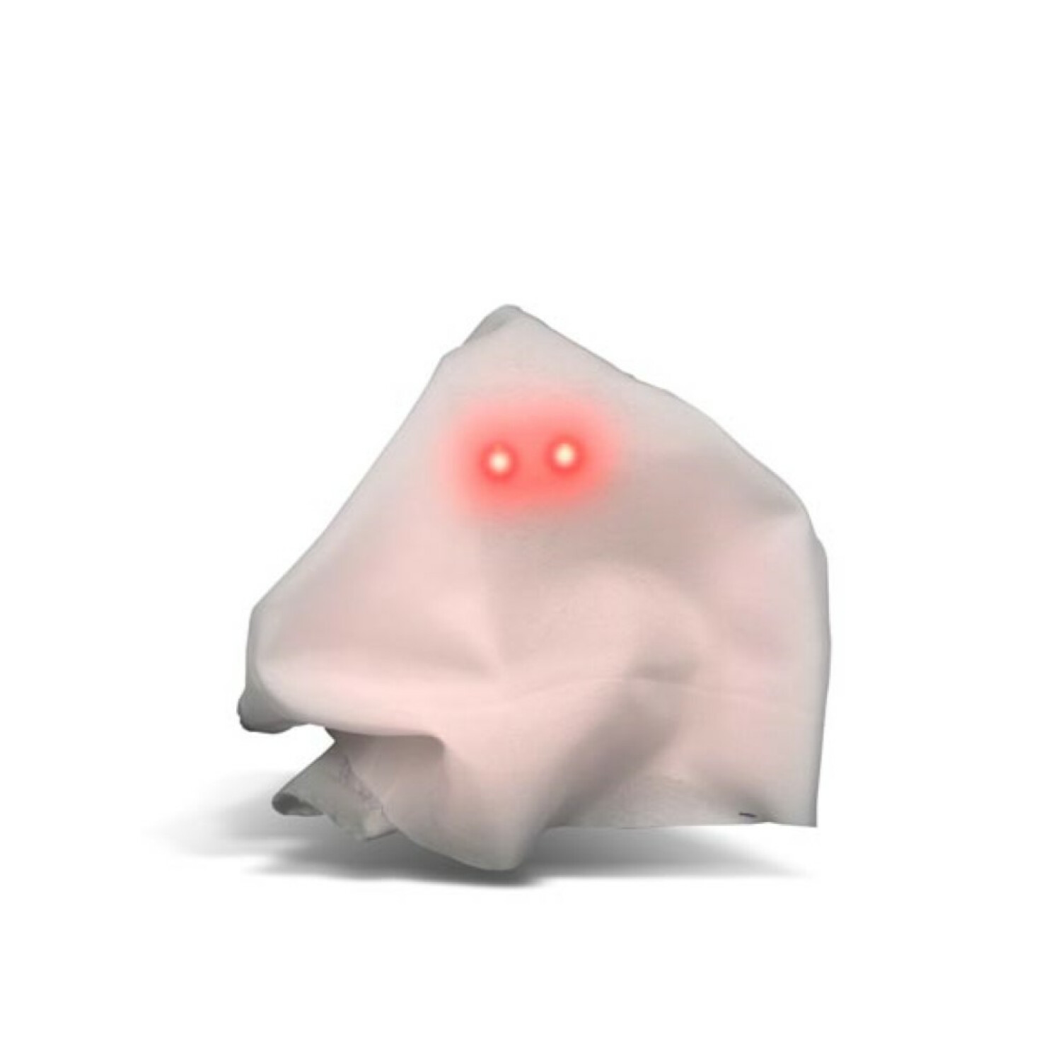 Ein weißes Tuch mit zwei roten Augen, das wie ein Geist aussieht.