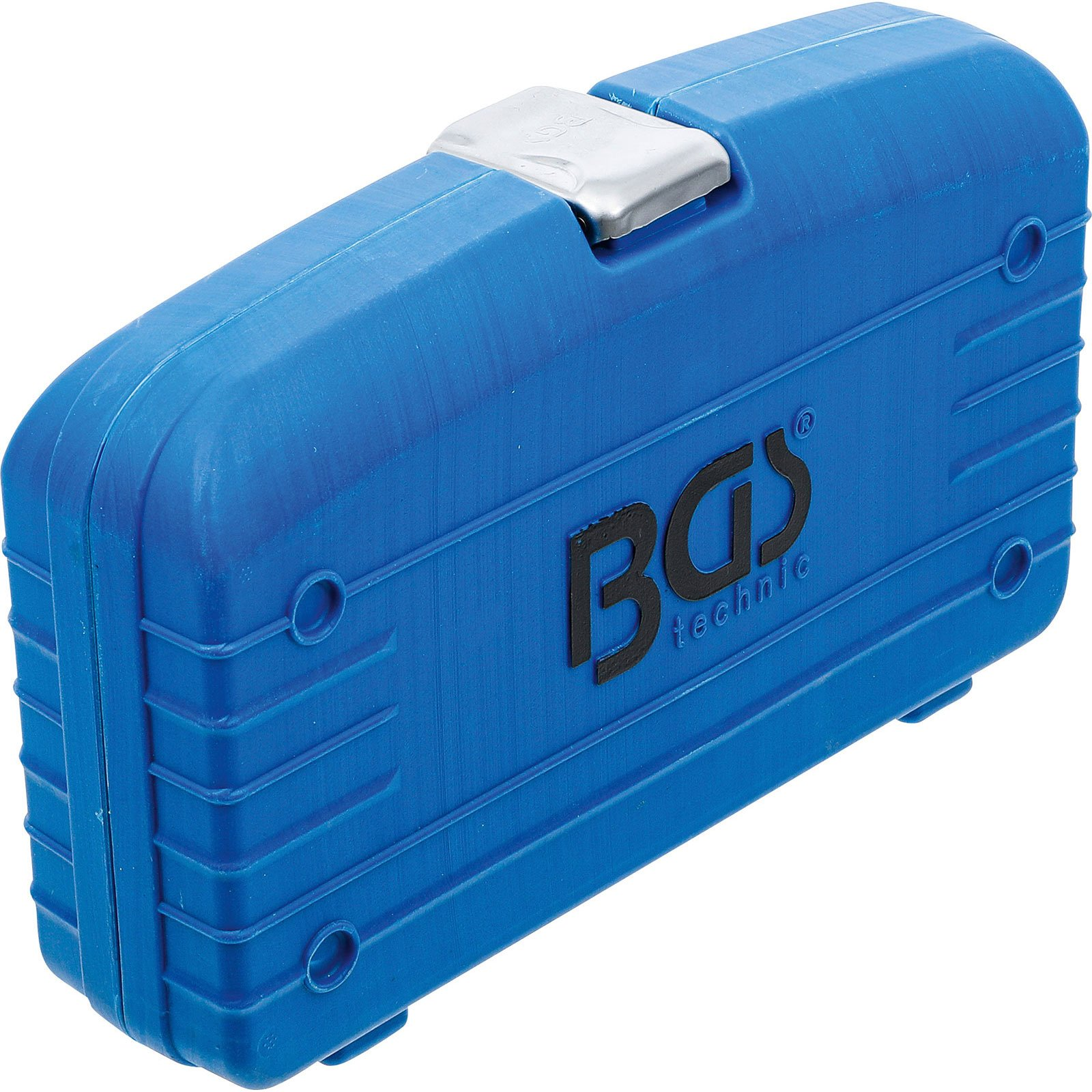 Blauer Werkzeugkasten mit silbernem Verschluss und schwarzem Logo.