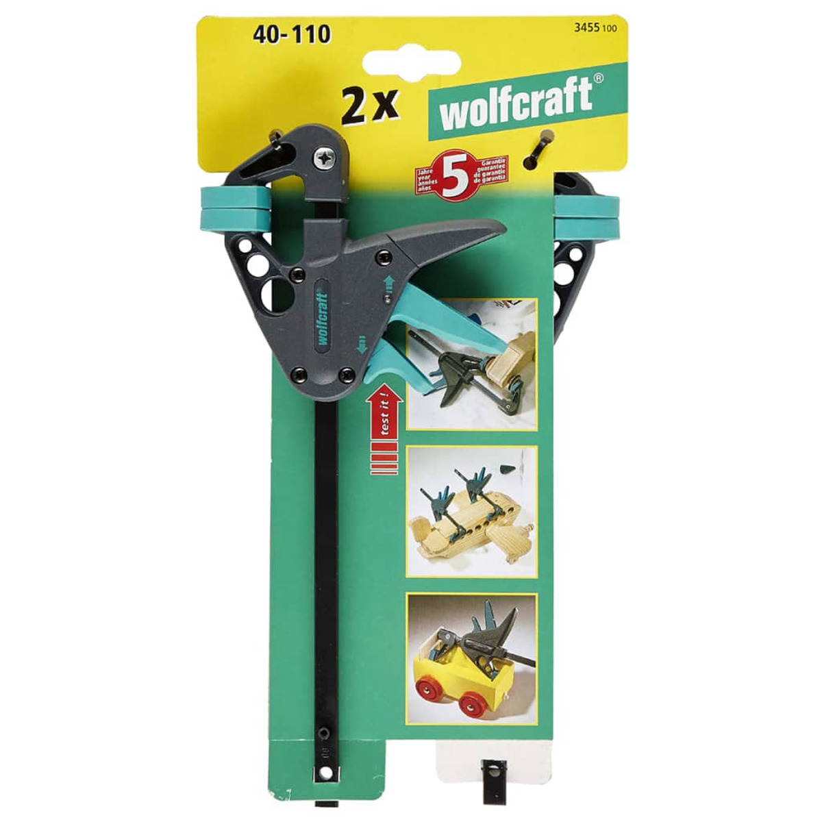 Wolfcraft Einhandzwinge mit Zubehör auf Verpackung