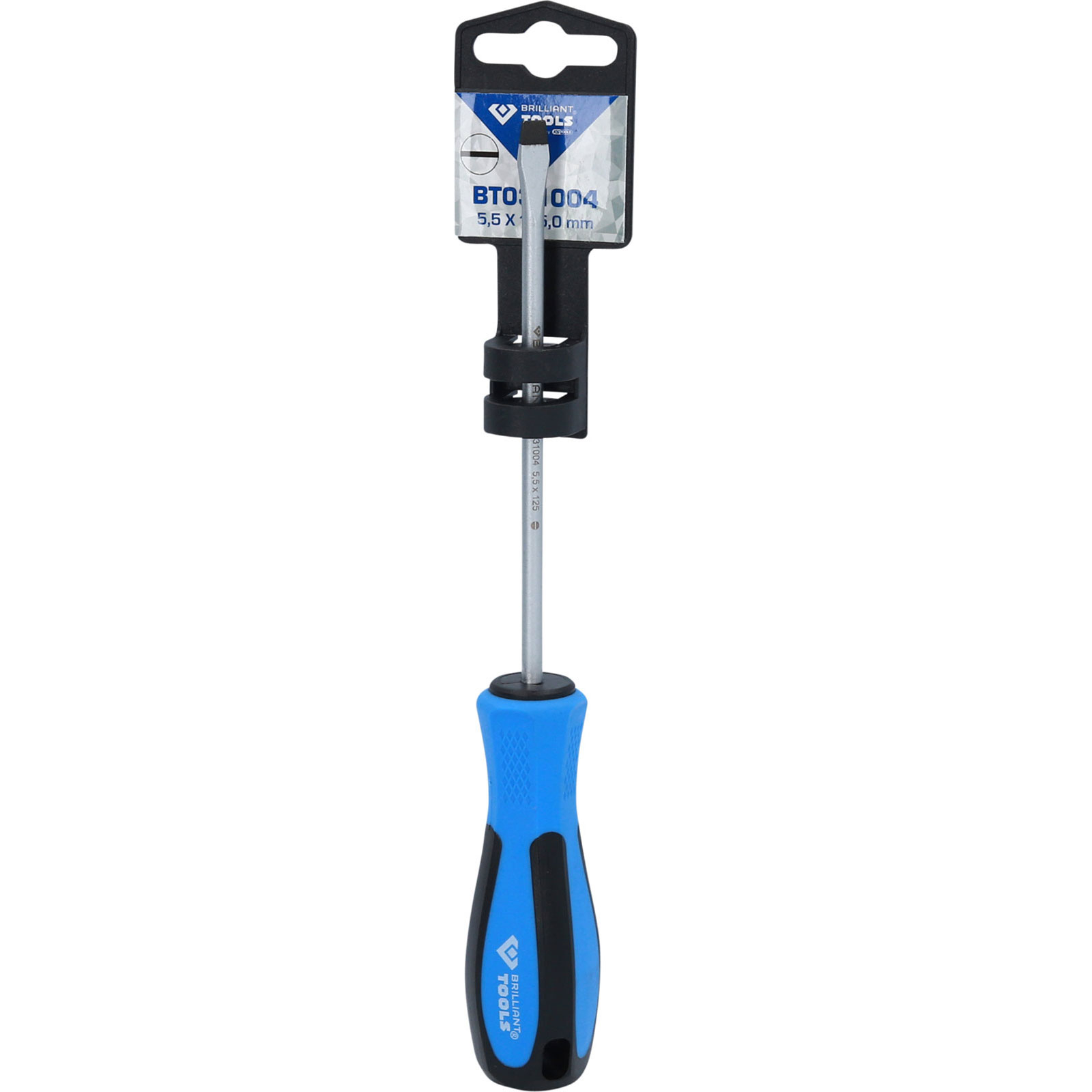 Schlitzschraubendreher mit blau-schwarzem Griff und Metallklinge, verpackt.
