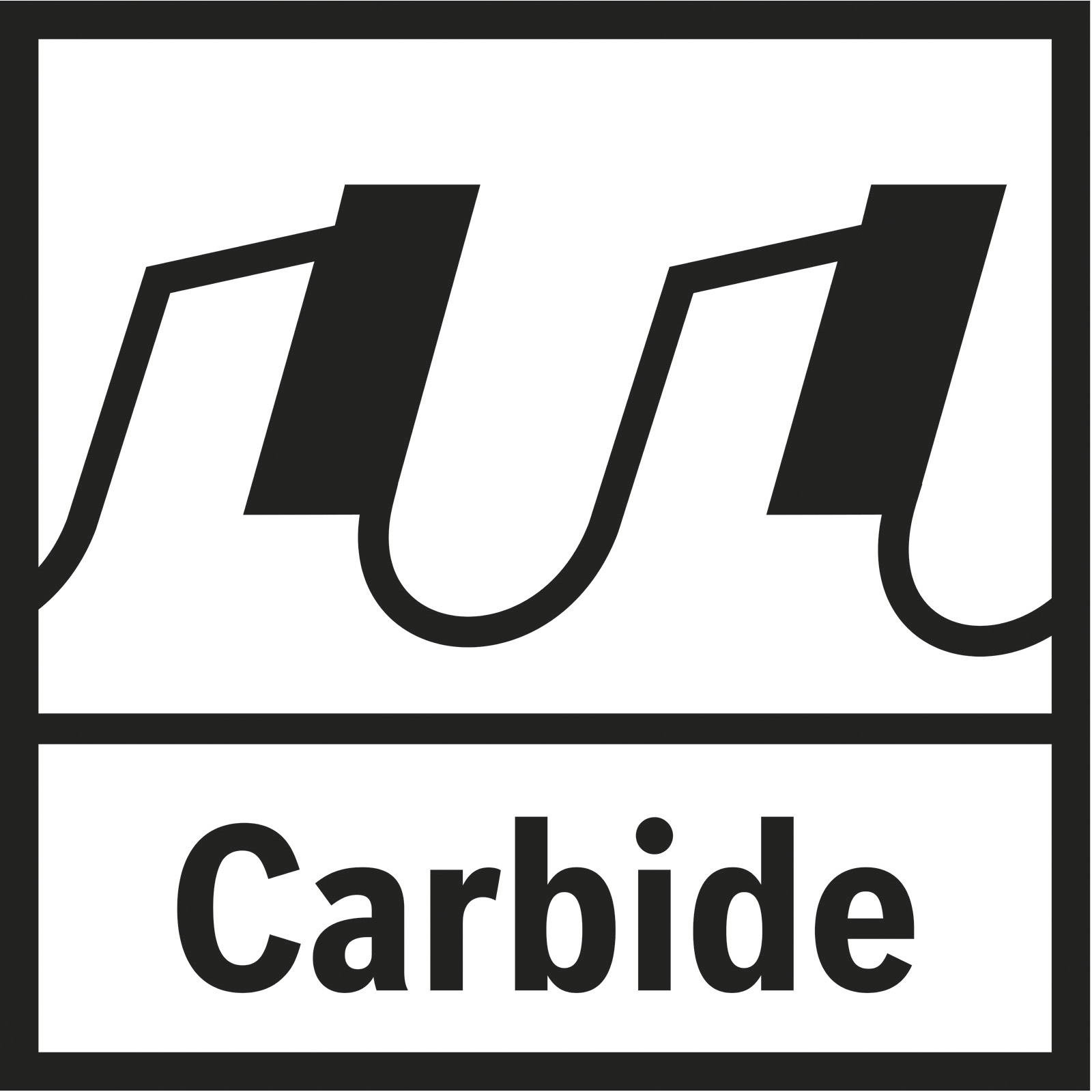 Schwarz-weißes Logo mit zwei stilisierten M-Formen über dem Wort "Carbide".
