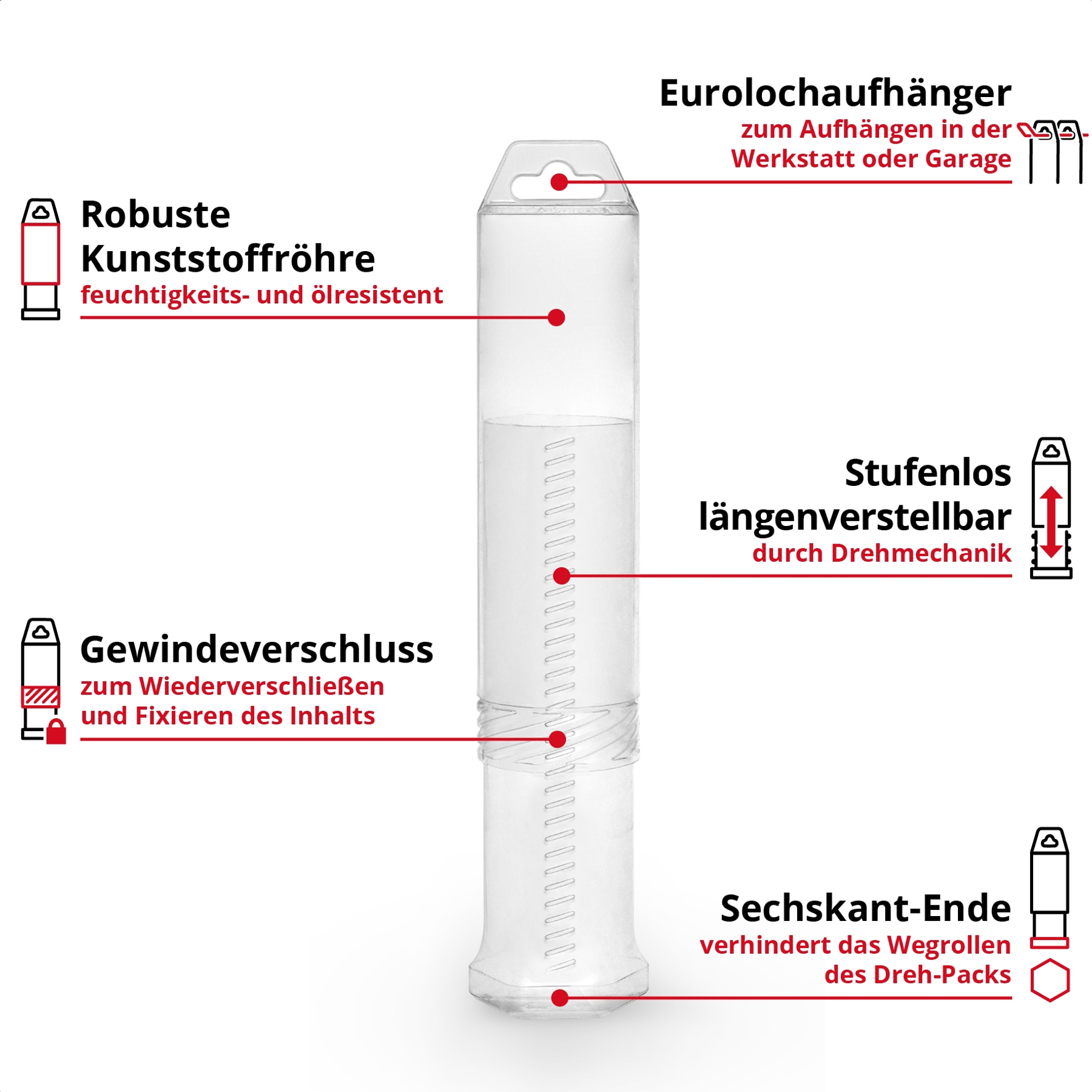 Robuste Kunststoffröhre mit Gewindeverschluss, Eurolochaufhänger, stufenlos verstellbar, Sechskant-Ende.