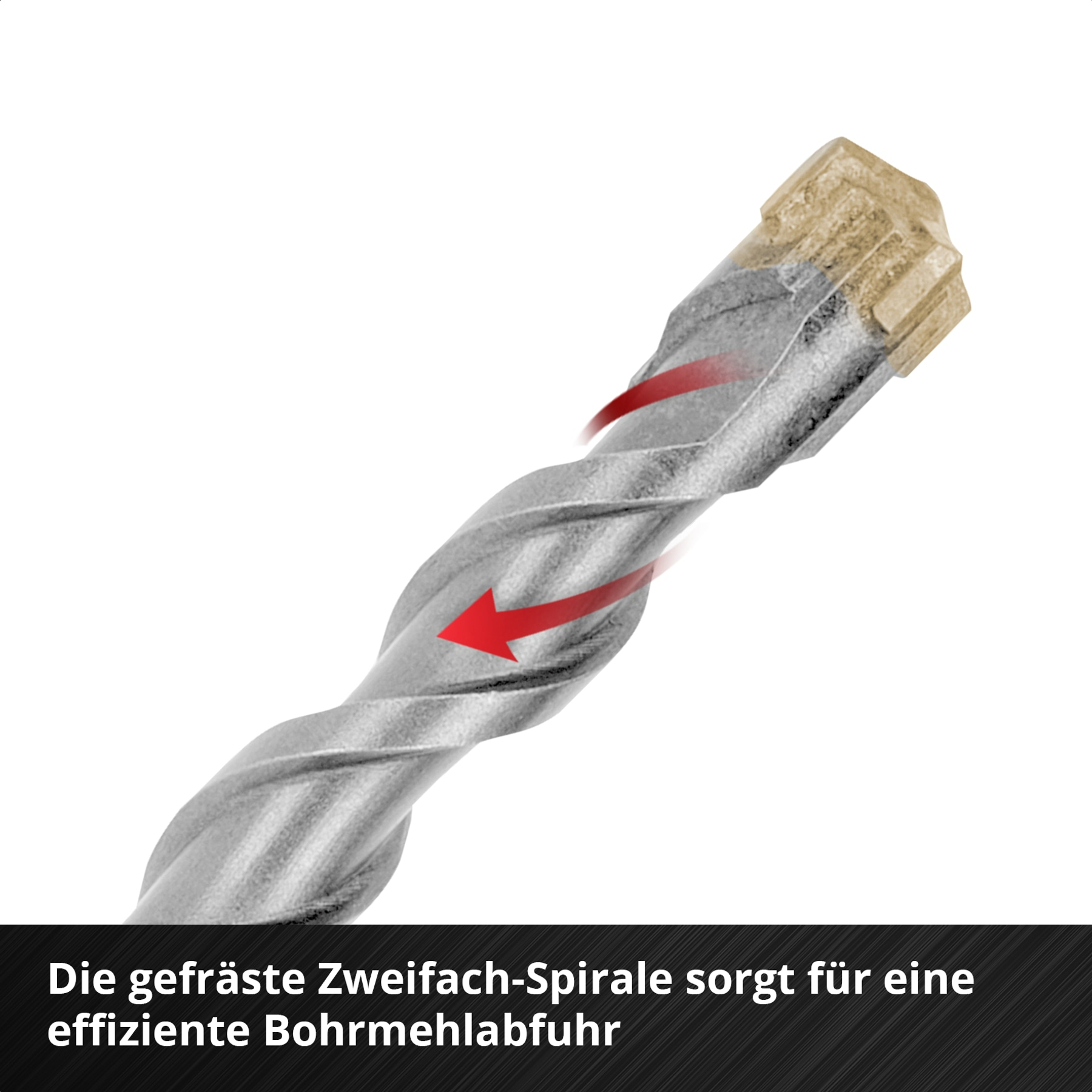 Ein Metallbohrer mit zwei roten Pfeilen, die die Rotation anzeigen.