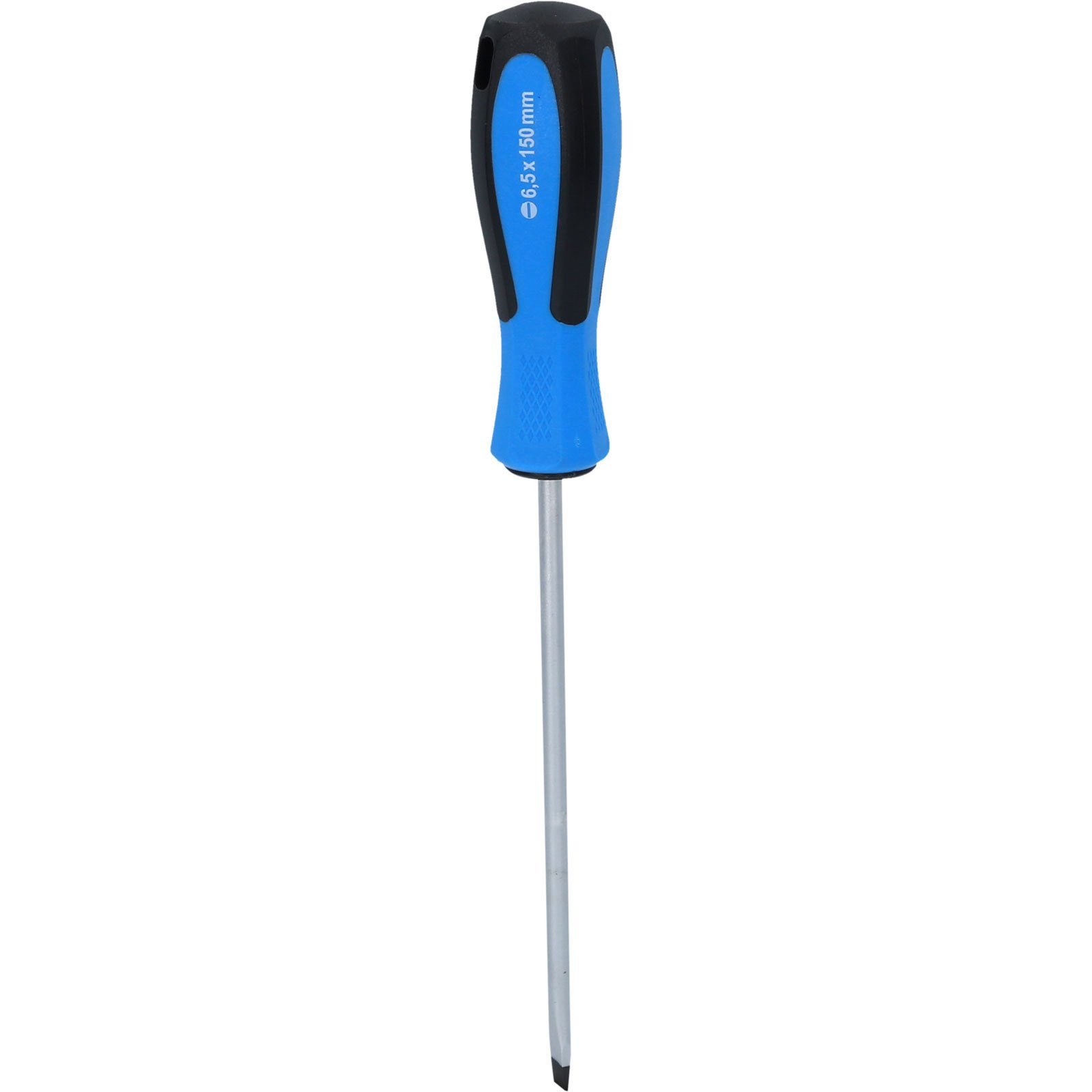 Ein blauer und schwarzer Schraubendreher mit Schlitz, 6,5 x 150 mm.