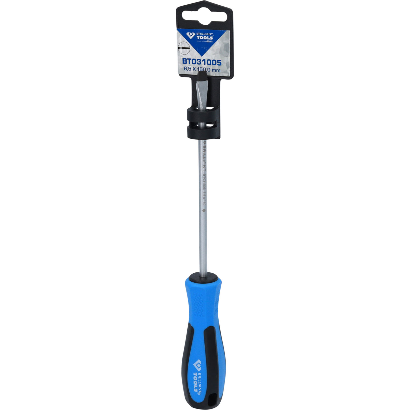 Schraubendreher mit blauem Griff und Metallspitze, verpackt.