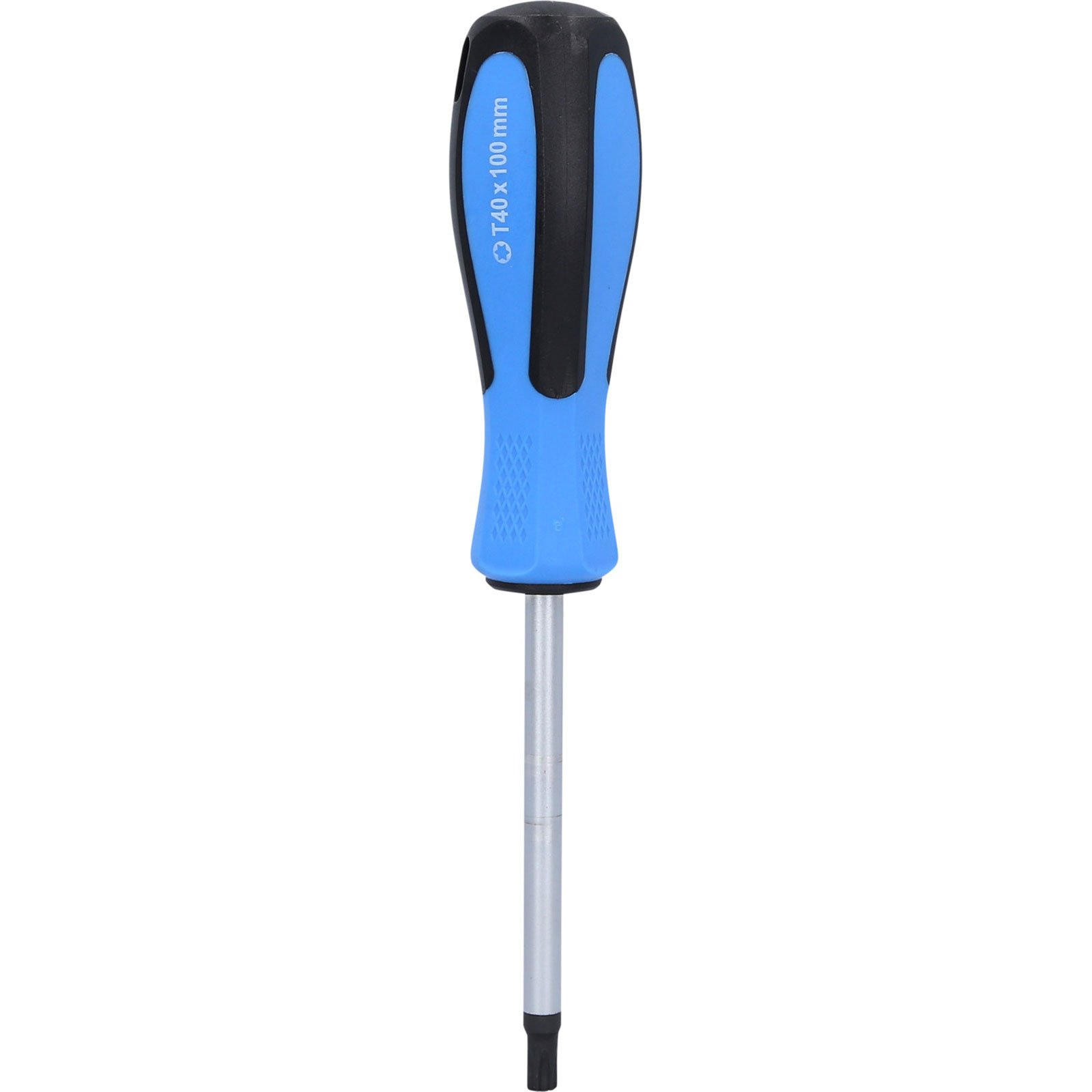 Ein Torx-Schraubendreher mit blauem und schwarzem Griff und einer 100-mm-Klinge.