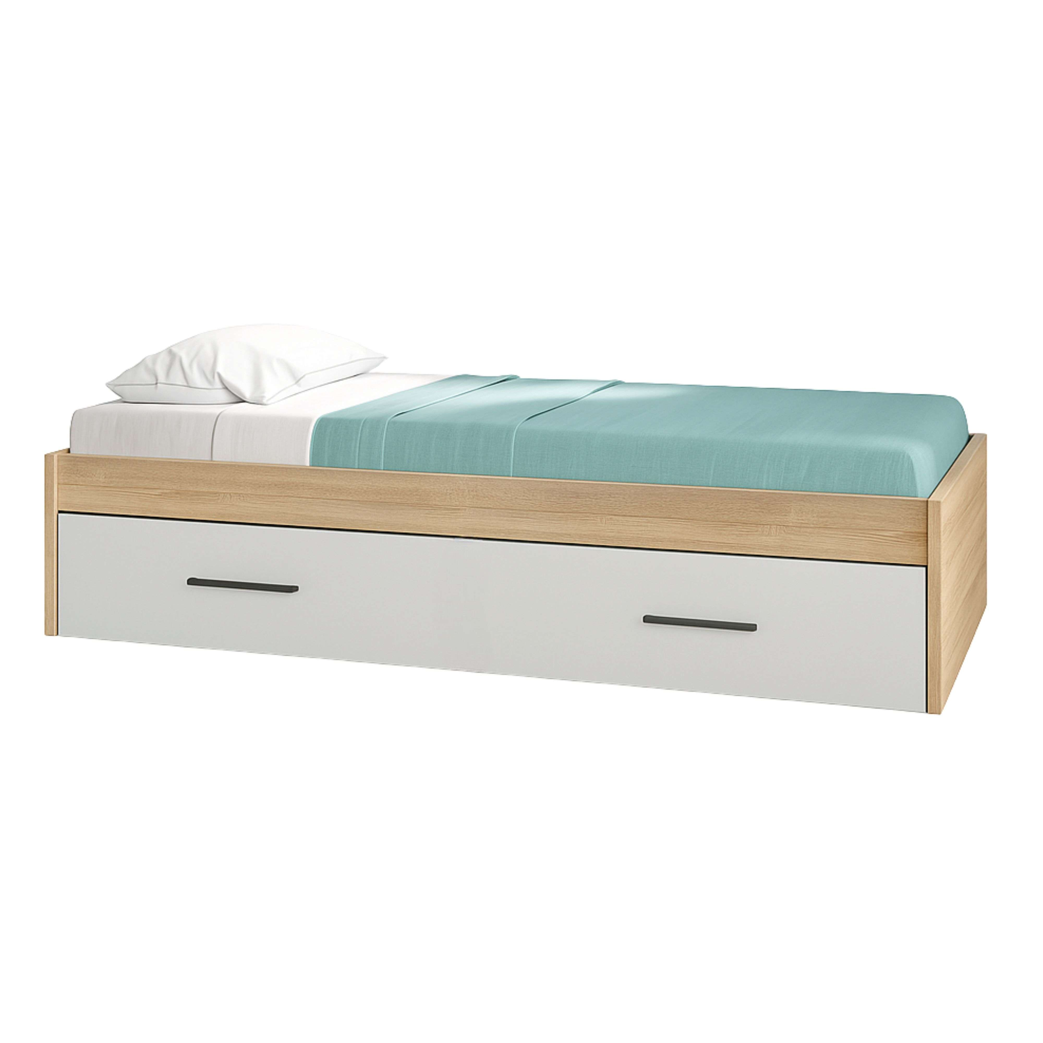 Una cama individual con marco de madera, cajón blanco y edredón turquesa.