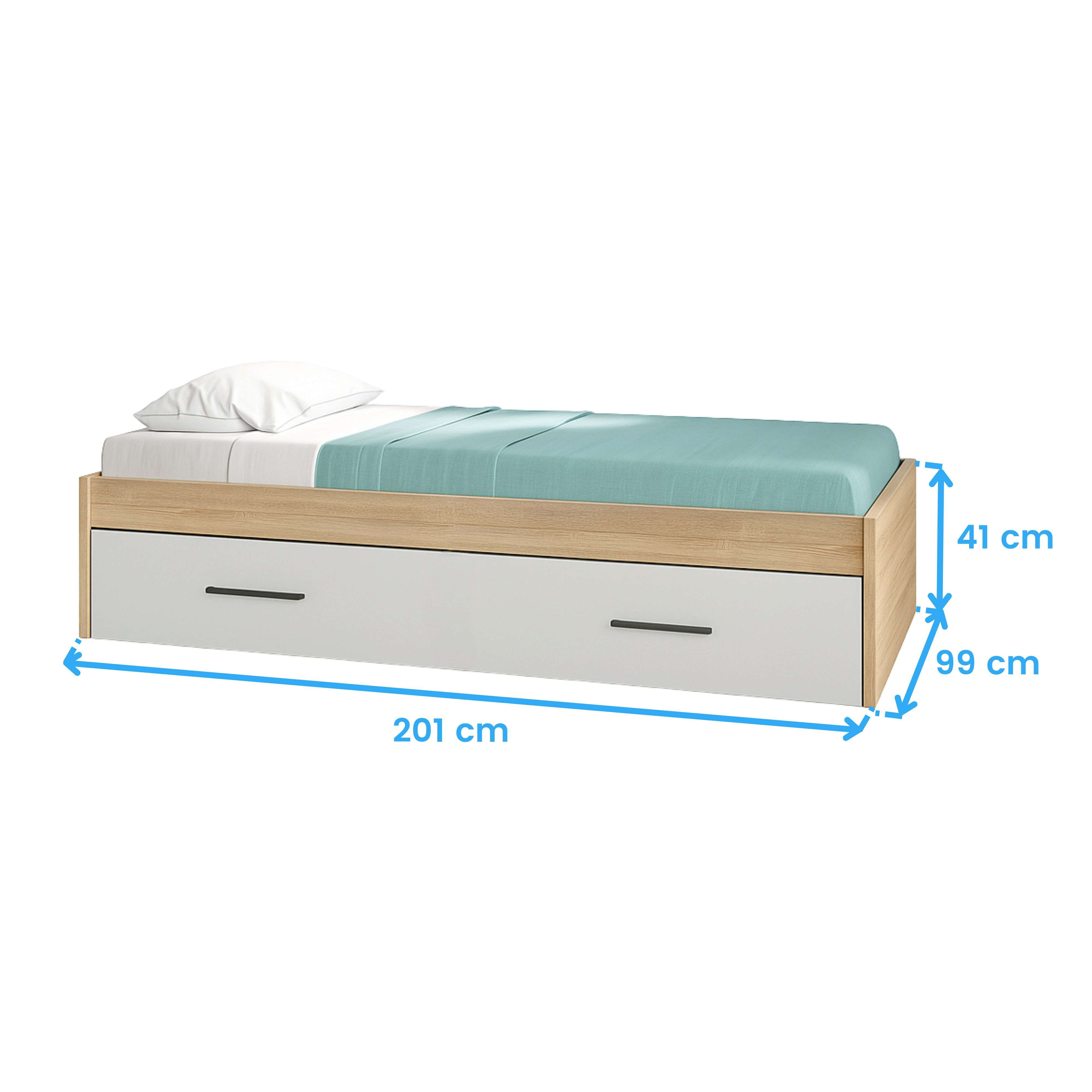 Una cama individual con dos cajones, dimensiones 201x99x41 cm.
