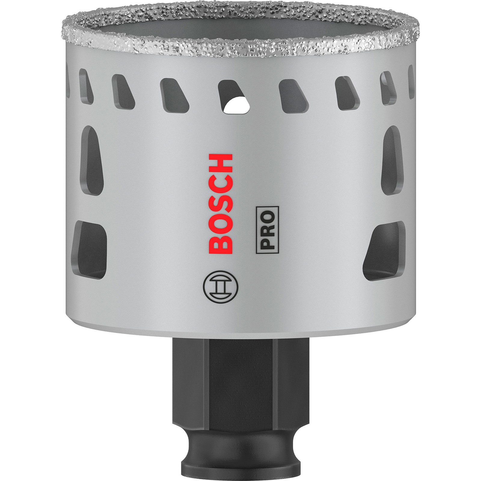 Punta da trapano Bosch Pro grigia con bordo diamantato e codolo esagonale.
