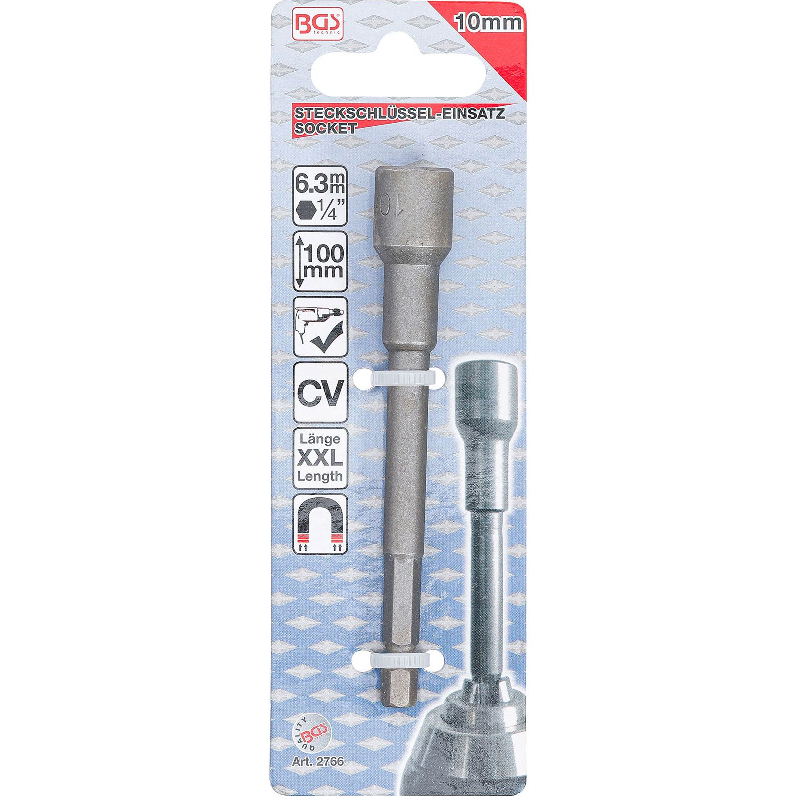 Una bussola da 10 mm lunga 100 mm con magnete, su una confezione BGS Technic.