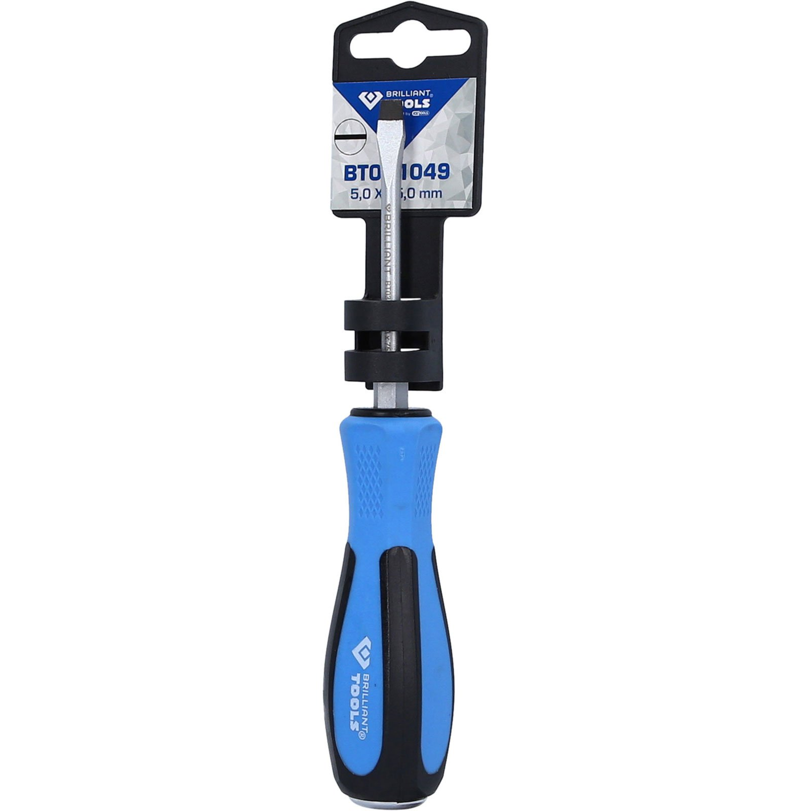 Schlitzschraubendreher mit blau-schwarzem Griff und Aufhängeverpackung.