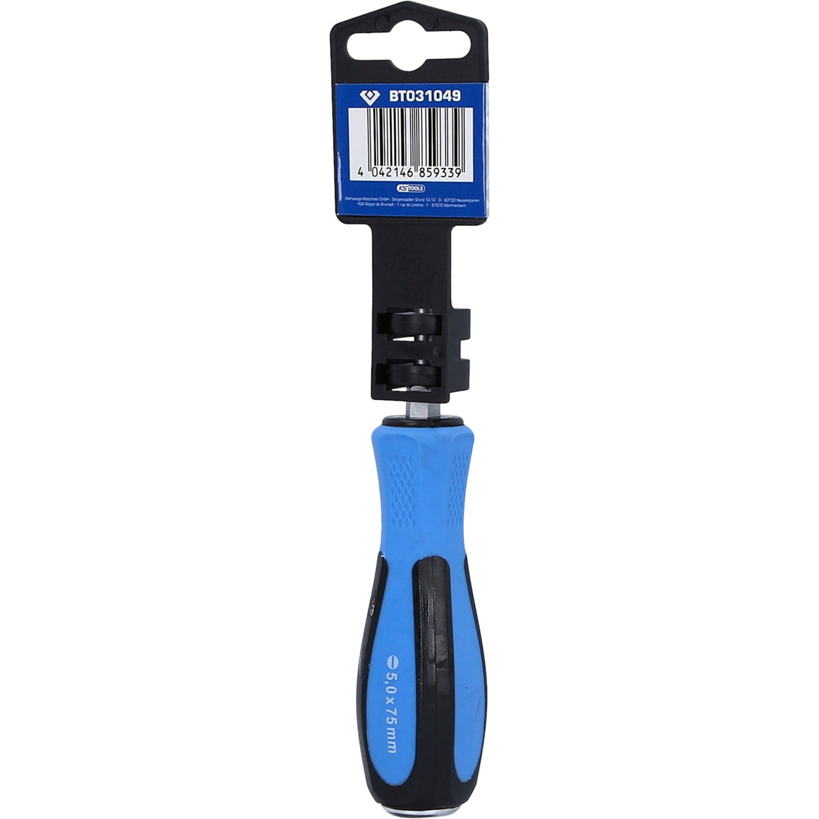 Ein Schraubendreher mit blauem Griff und Etikett mit Barcode und Produktinformationen.