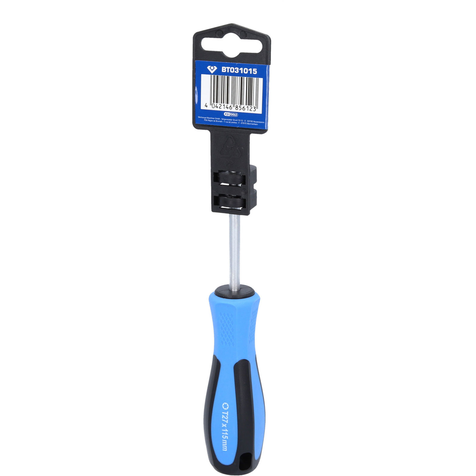 Schraubendreher mit blauem Griff und Torx-Spitze, T27x115mm.
