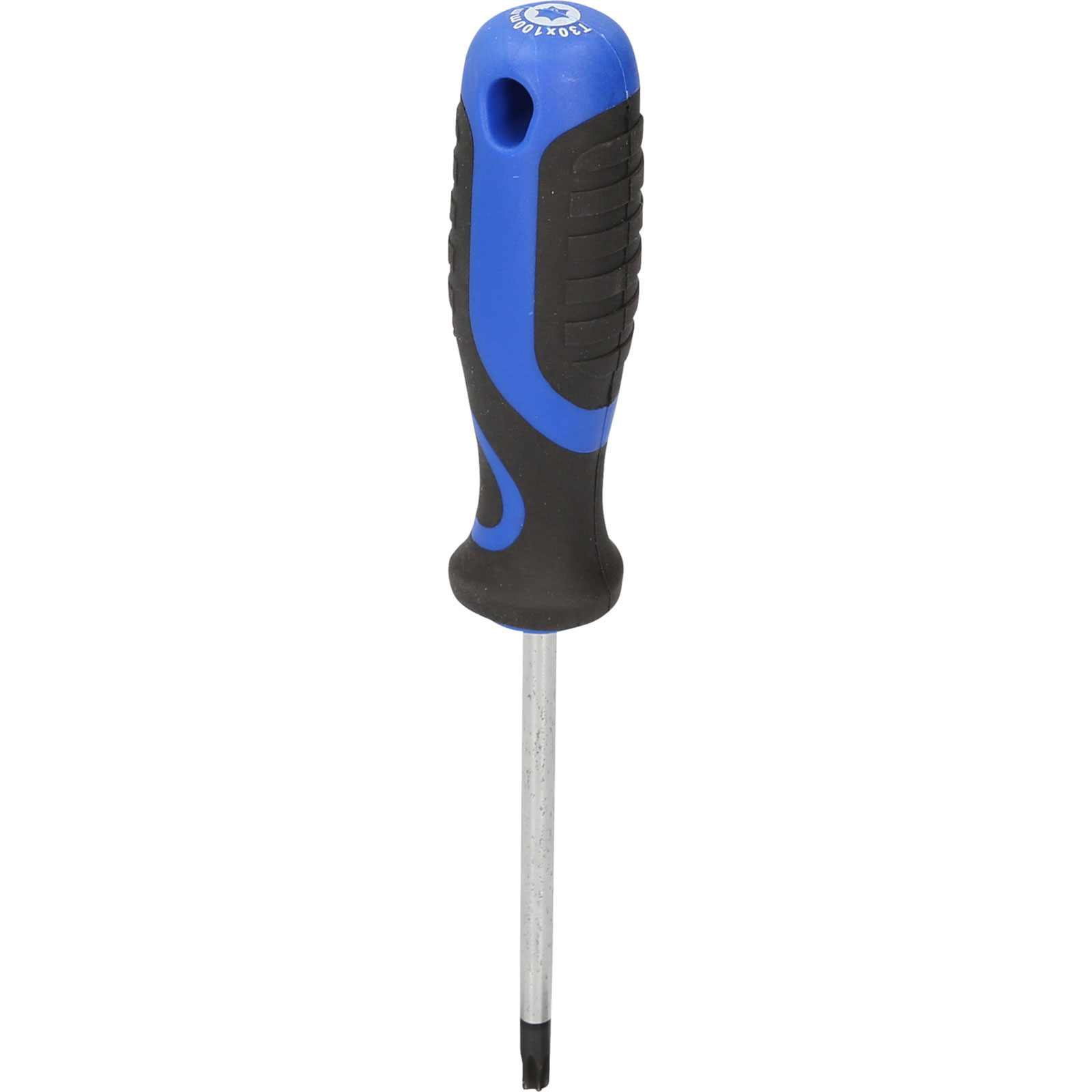 Ein Torx-Schraubendreher mit blau-schwarzem Griff und Sternspitze.