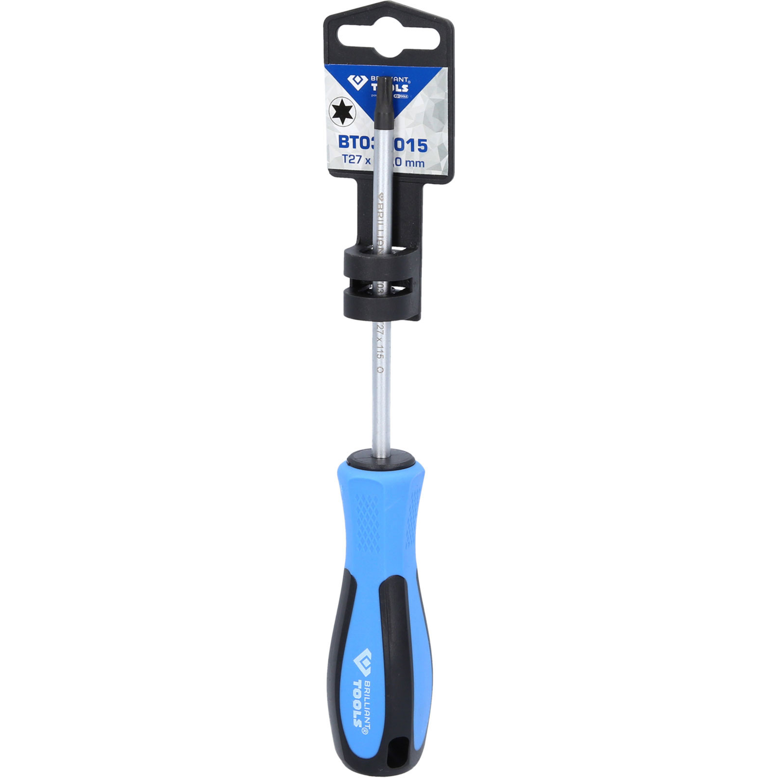Ein Torx-Schraubendreher mit blauem Griff und T27-Spitze, in Verpackung.