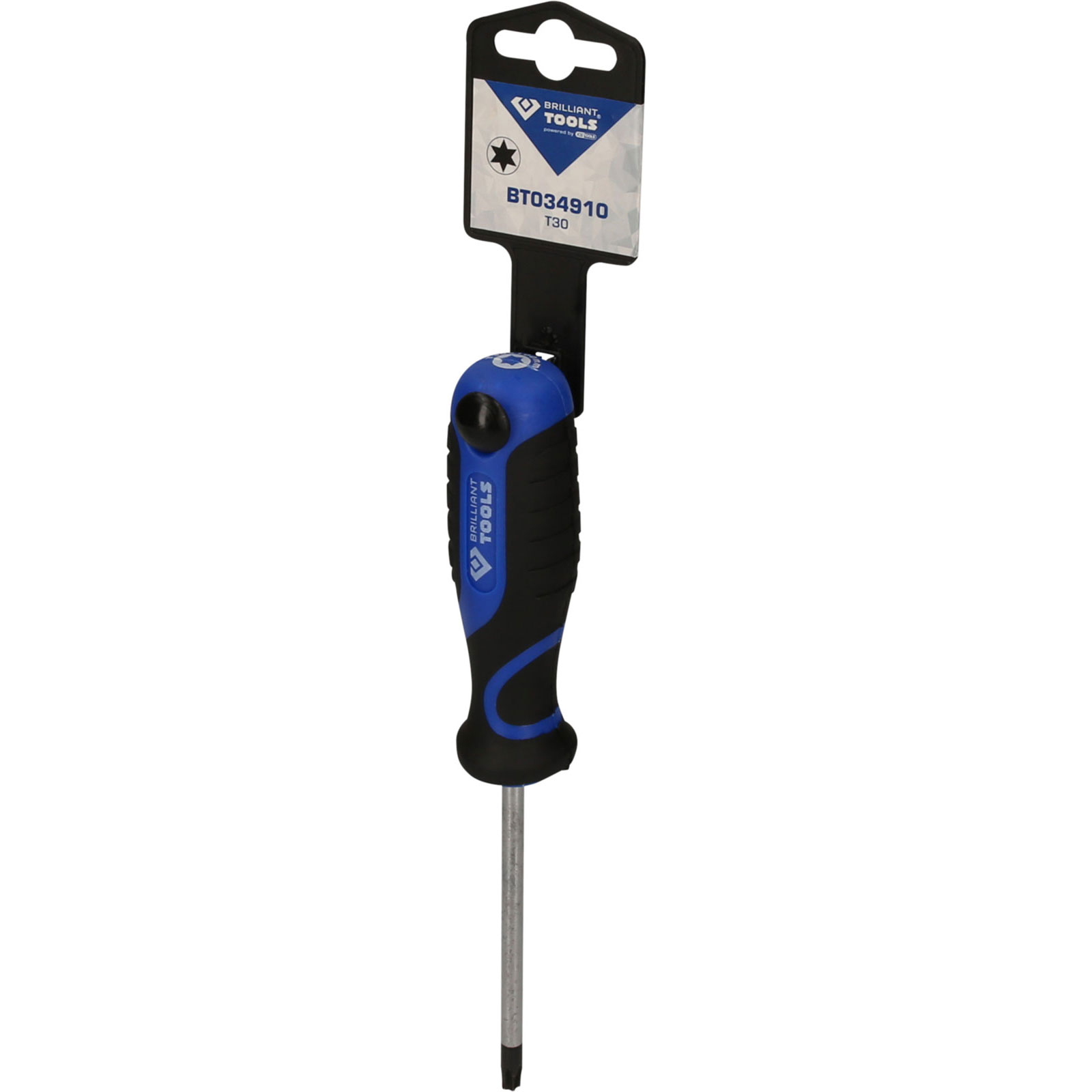 Ein Torx-Schraubendreher mit blau-schwarzem Griff und einer T30-Spitze, auf einer Karte verpackt.