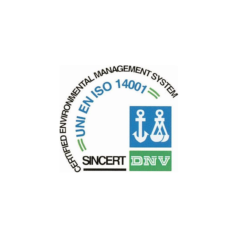 Zertifiziertes Umweltmanagementsystem UNI EN ISO 14001 mit Logos.