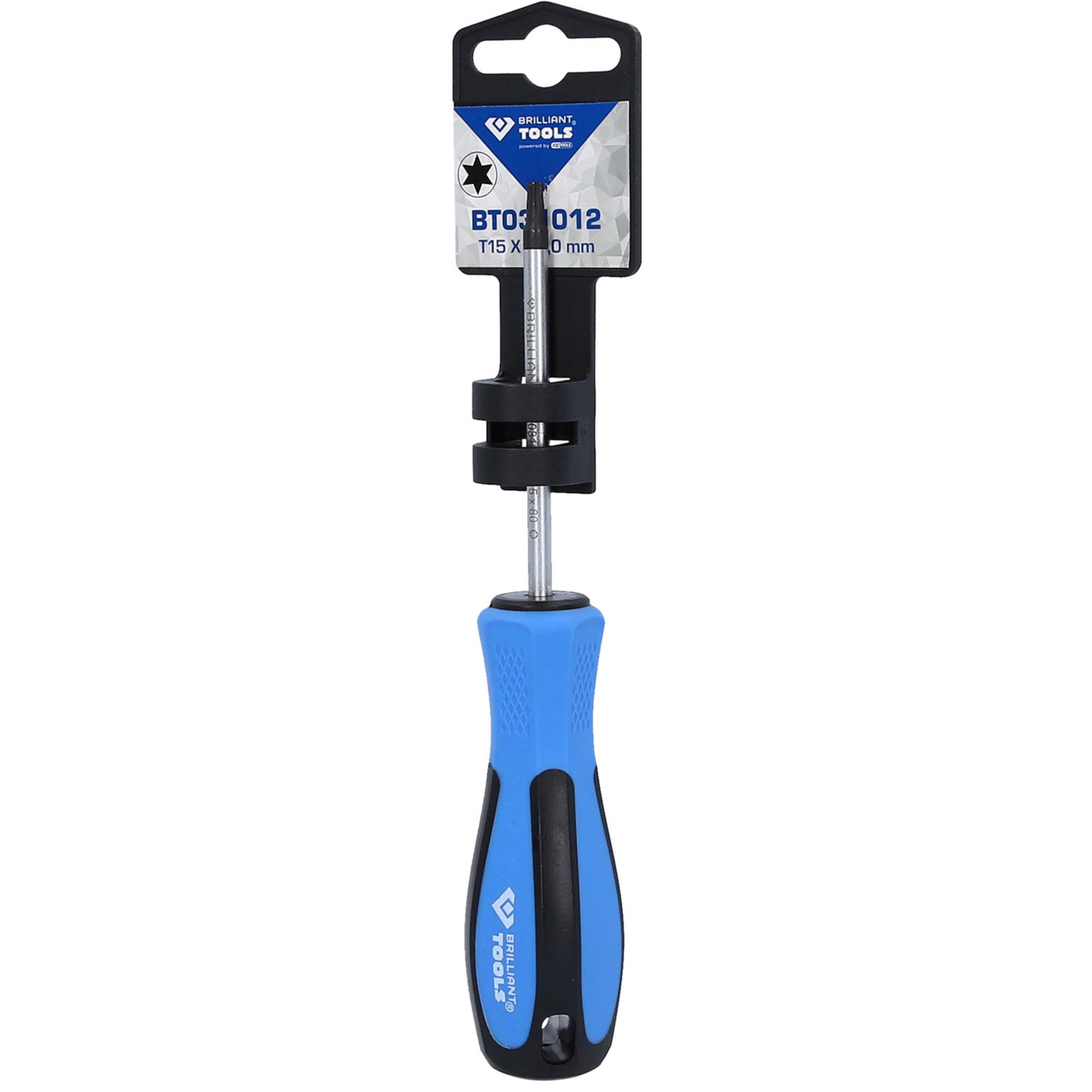 Ein Torx-Schraubendreher mit blauem Griff und T15-Spitze auf weißem Hintergrund.