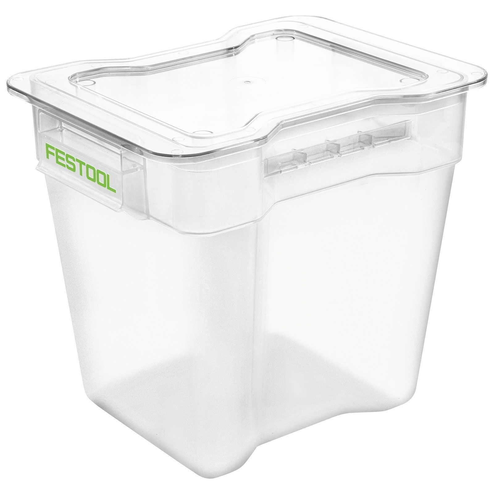 Contenitore in plastica trasparente con coperchio e logo Festool verde.