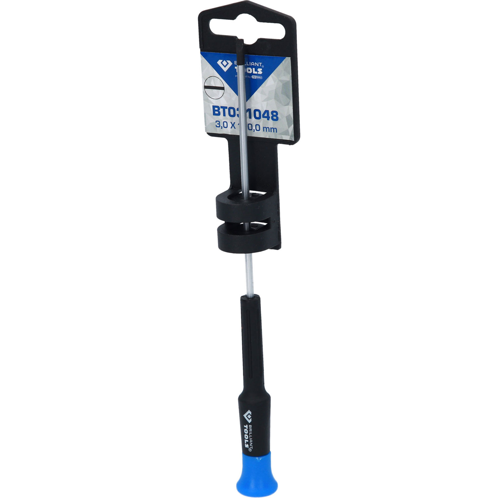 Ein Brilliant Tools Schraubendreher, Modell BTO:1048, 3,0x0,0mm, mit blauem Griff.