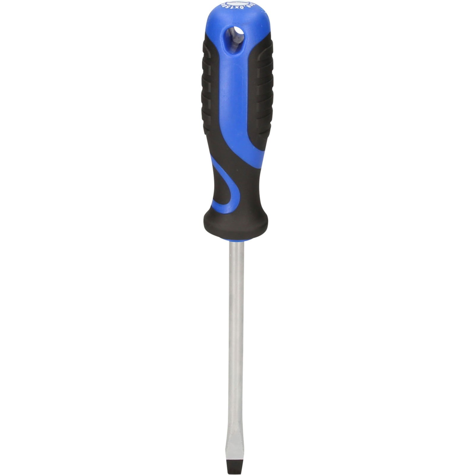 Ein Schraubendreher mit blau-schwarzem Griff und Metallschaft.