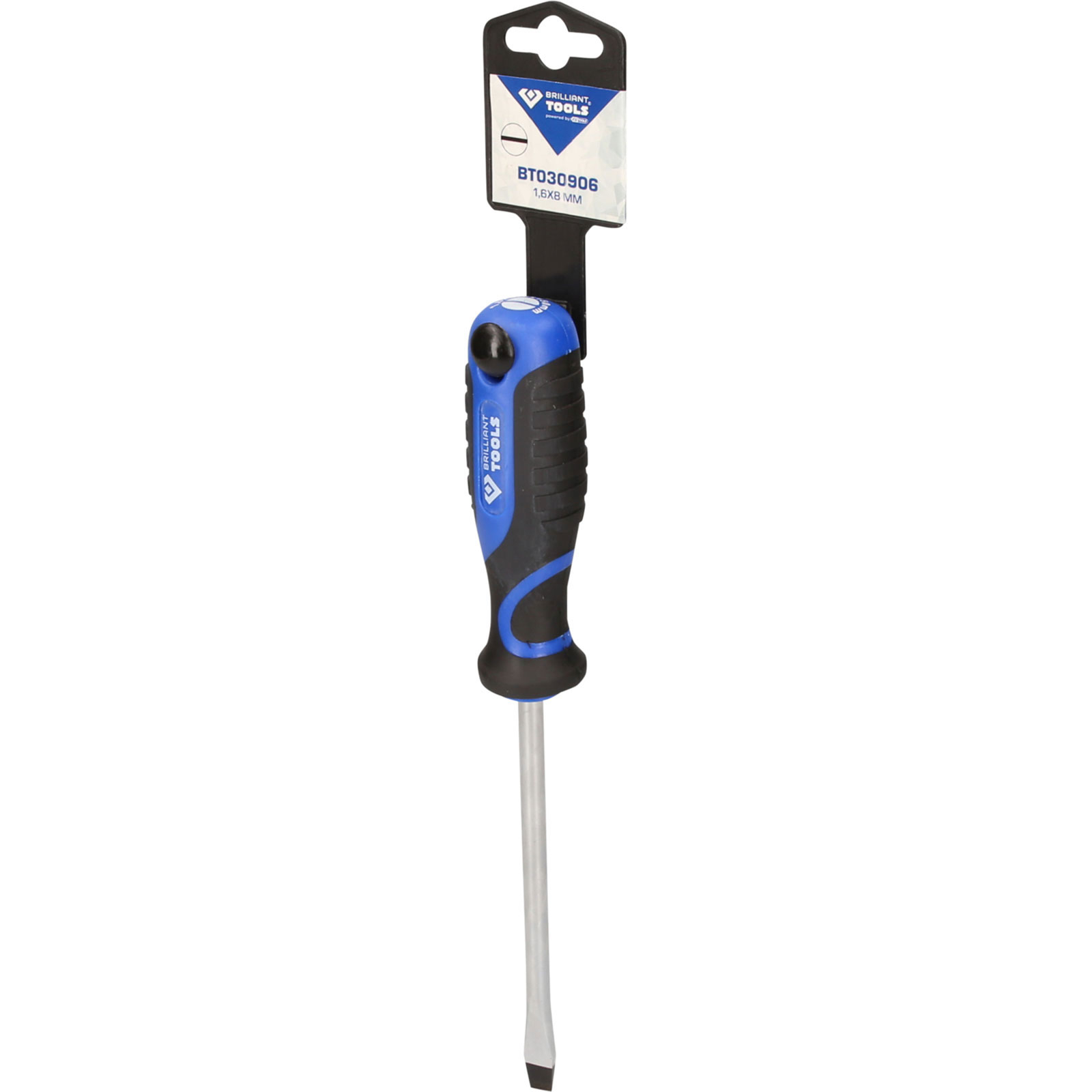 Schraubendreher mit blau-schwarzem Griff und Metallklinge, verpackt.
